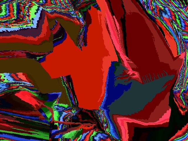 Abstract digital art with vibrant red, blue, green, black, and multicolored patterns and shapes.