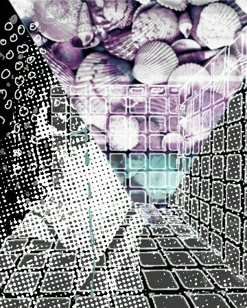 A heart-shaped outline with seashells at the top, surrounded by a digital grid pattern on the sides and floor.