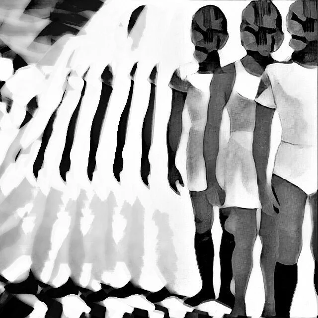A line of children standing against a wall, with their arms linked, in a black-and-white photo.