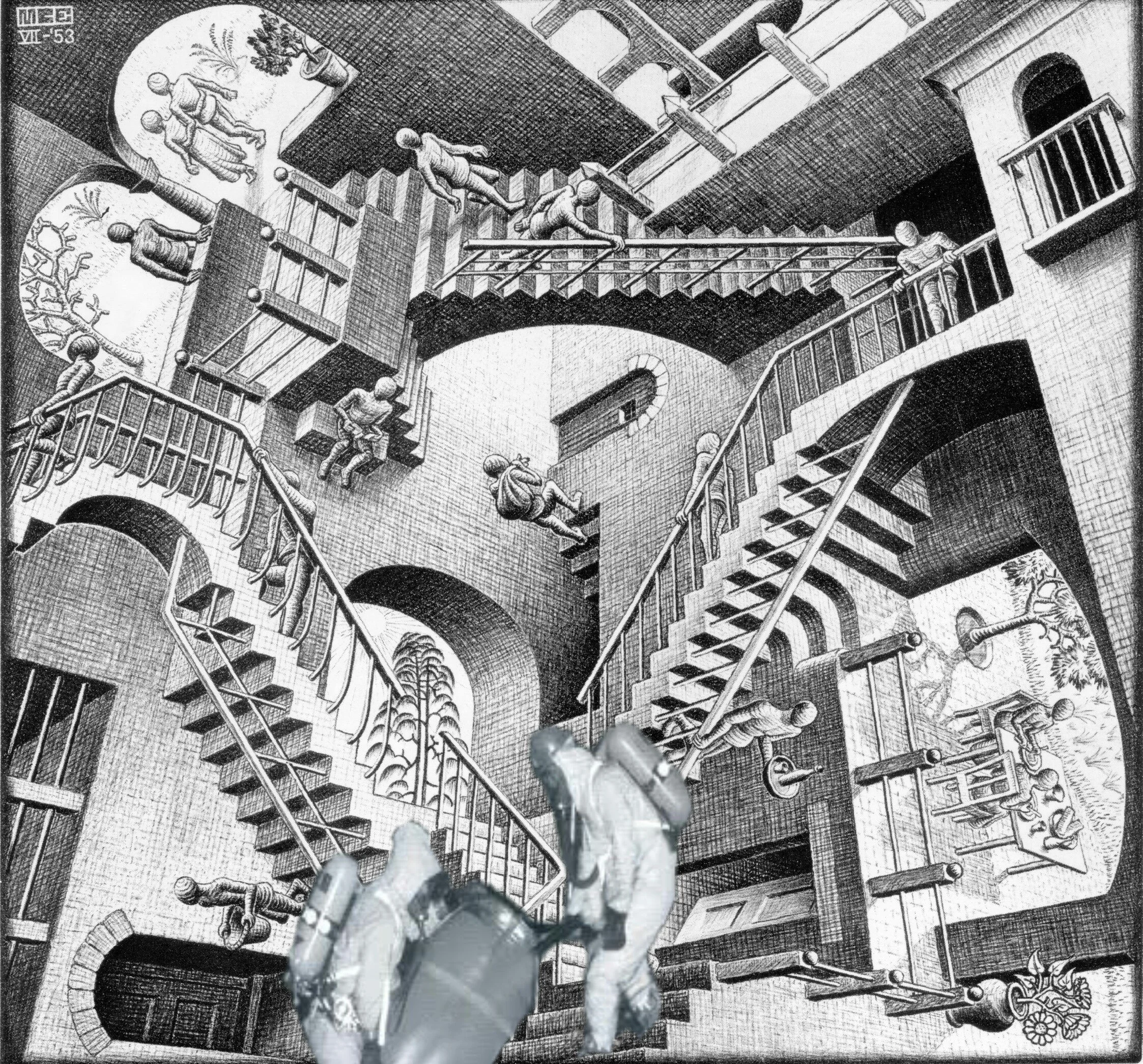 Black and white image depicting a complex architectural illustration, with staircases, arches, and figures arranged in a surreal, multidimensional composition.
