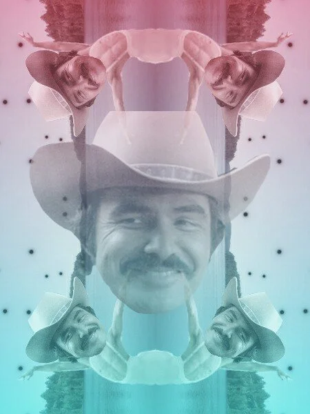An edited, mirrored image featuring a smiling man wearing a cowboy hat, with a horse statue above him, and a small cowgirl figure in a cowboy outfit, all reflected in a symmetrical pattern.