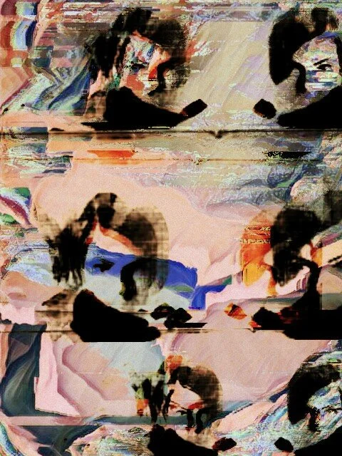 Abstract digital art depicting multiple distorted faces and bodies in vibrant colors.