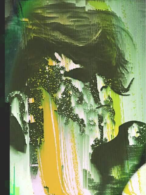 Abstract digital art with green, yellow, white, and black streaks and splashes, resembling a distorted landscape or portrait.