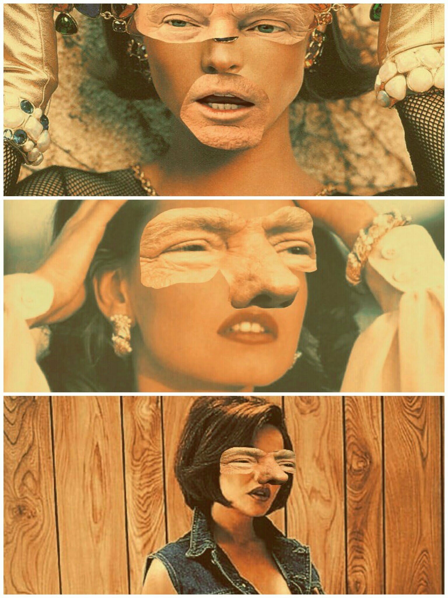 A collage of four portraits of women with exaggerated facial features, each image with a distinct background and style.