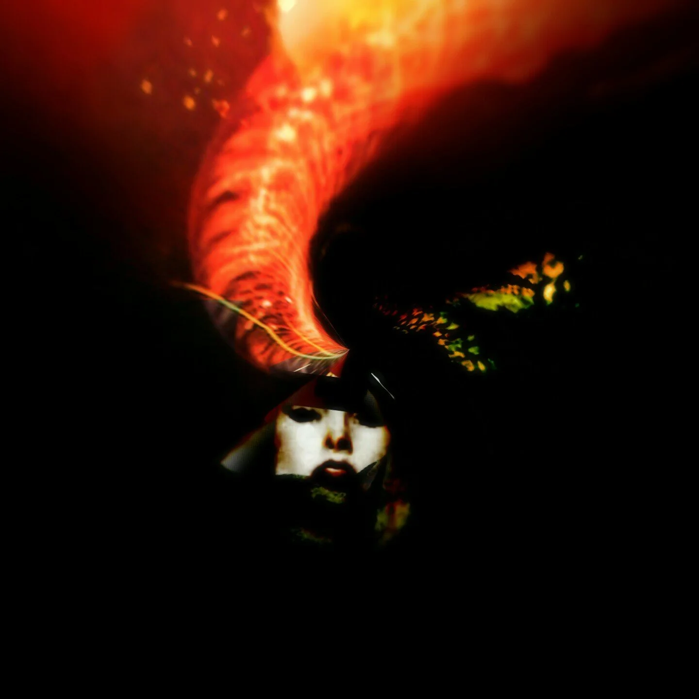 An abstract digital artwork featuring a dark background with vivid swirling shapes of red, orange, yellow, and green, creating a dynamic, glowing effect.