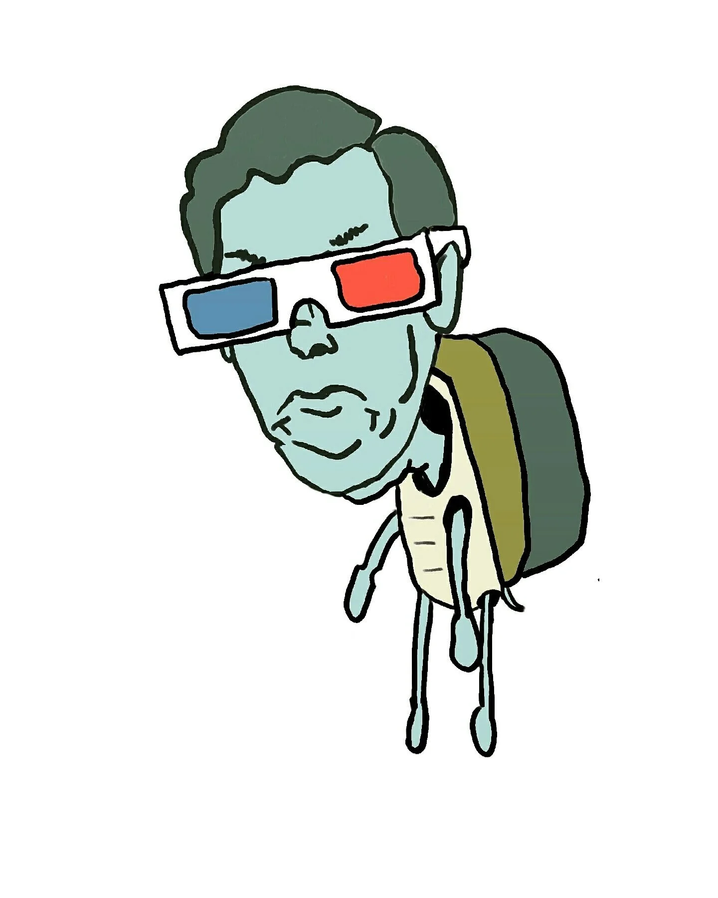 Drawing of a man wearing 3D glasses, a backpack, and a tuxedo, with a serious expression.