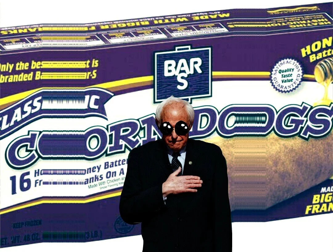 A person with white hair and sunglasses, wearing a black jacket, standing in front of a large purple ice cream box with a cartoon character. The person has one hand over their chest.