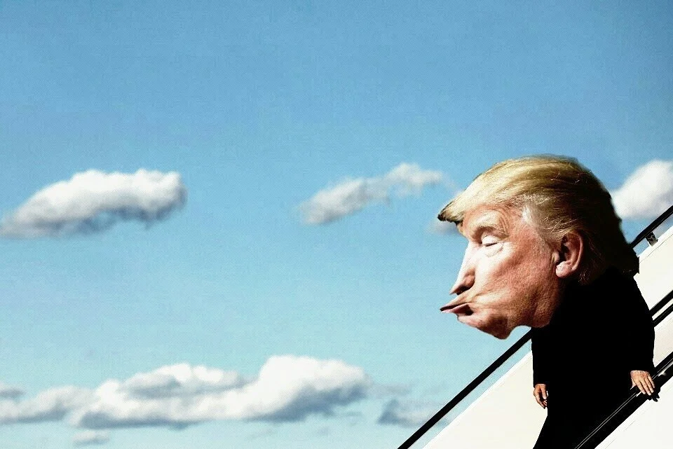 A caricatured image of Donald Trump with a large head and exaggerated facial features, descending stairs against a blue sky with white clouds.