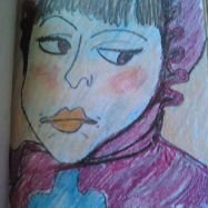 A colorful drawing of a woman with dark hair, wearing a purple scarf or shawl.