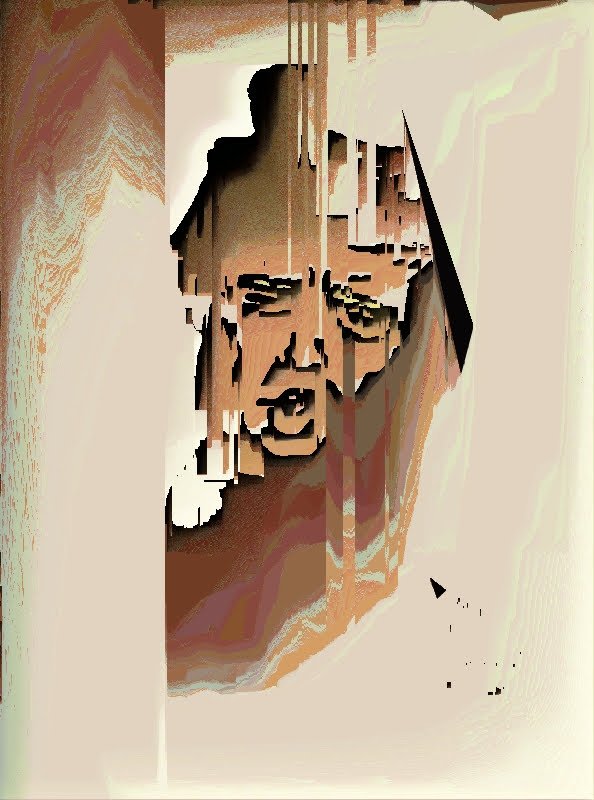 Abstract digital art of a person's face, possibly a woman, with glasses and a headscarf.