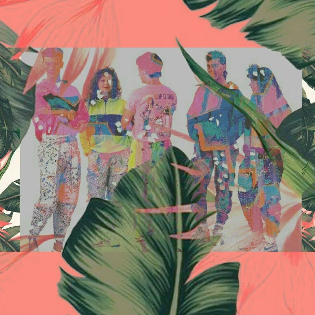 A group of five young adults standing together, partially obscured by tropical leaves, with a pastel background.