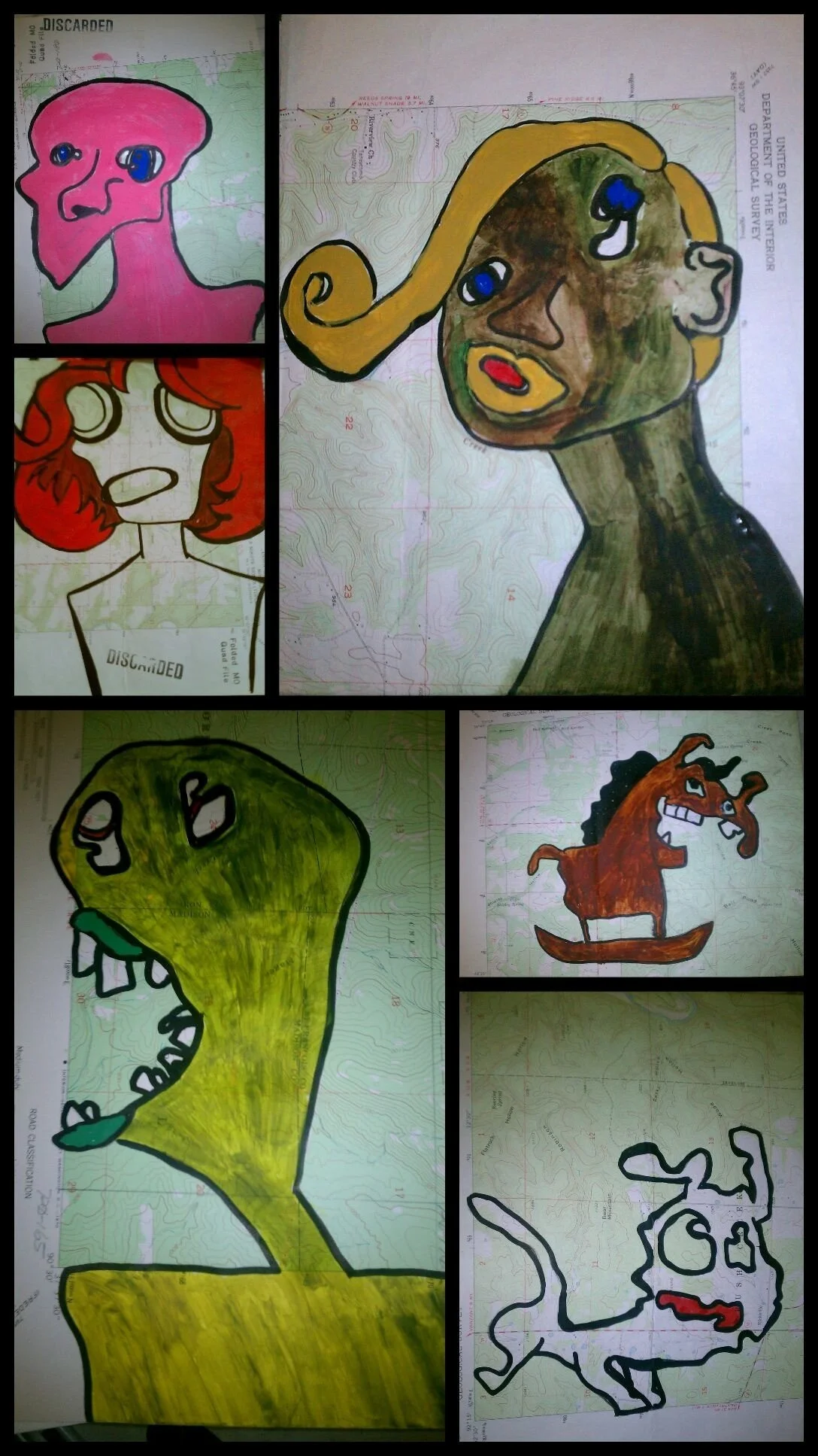 Collection of hand-drawn cartoon-style faces and characters on topographic map backgrounds, including a pink humanoid figure with large eyes, a woman with curly red hair, a green creature with sharp teeth, a brown dragon on a skateboard, and abstract