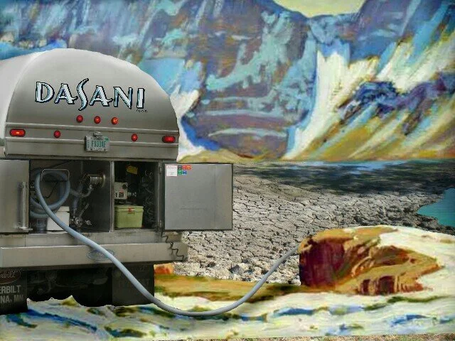 A Dasani vending machine connected with a hose to a landscape painting of a natural scene, featuring mountains and water.
