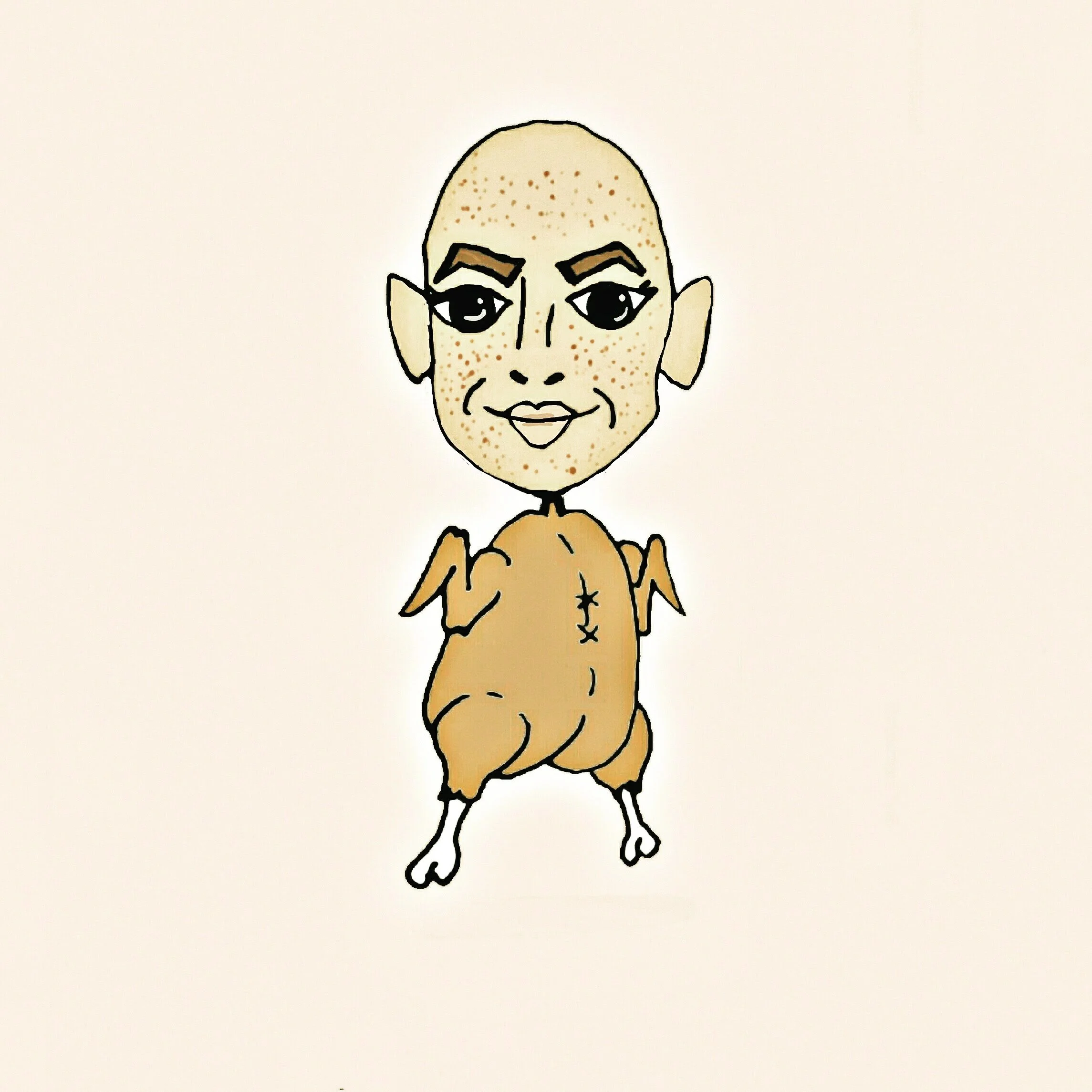 A digital drawing of a person with a large head, freckles, heavy eyebrows, big eyes, and a wide smile, holding their hand up to their face. The person's skin is light, with no visible clothing.