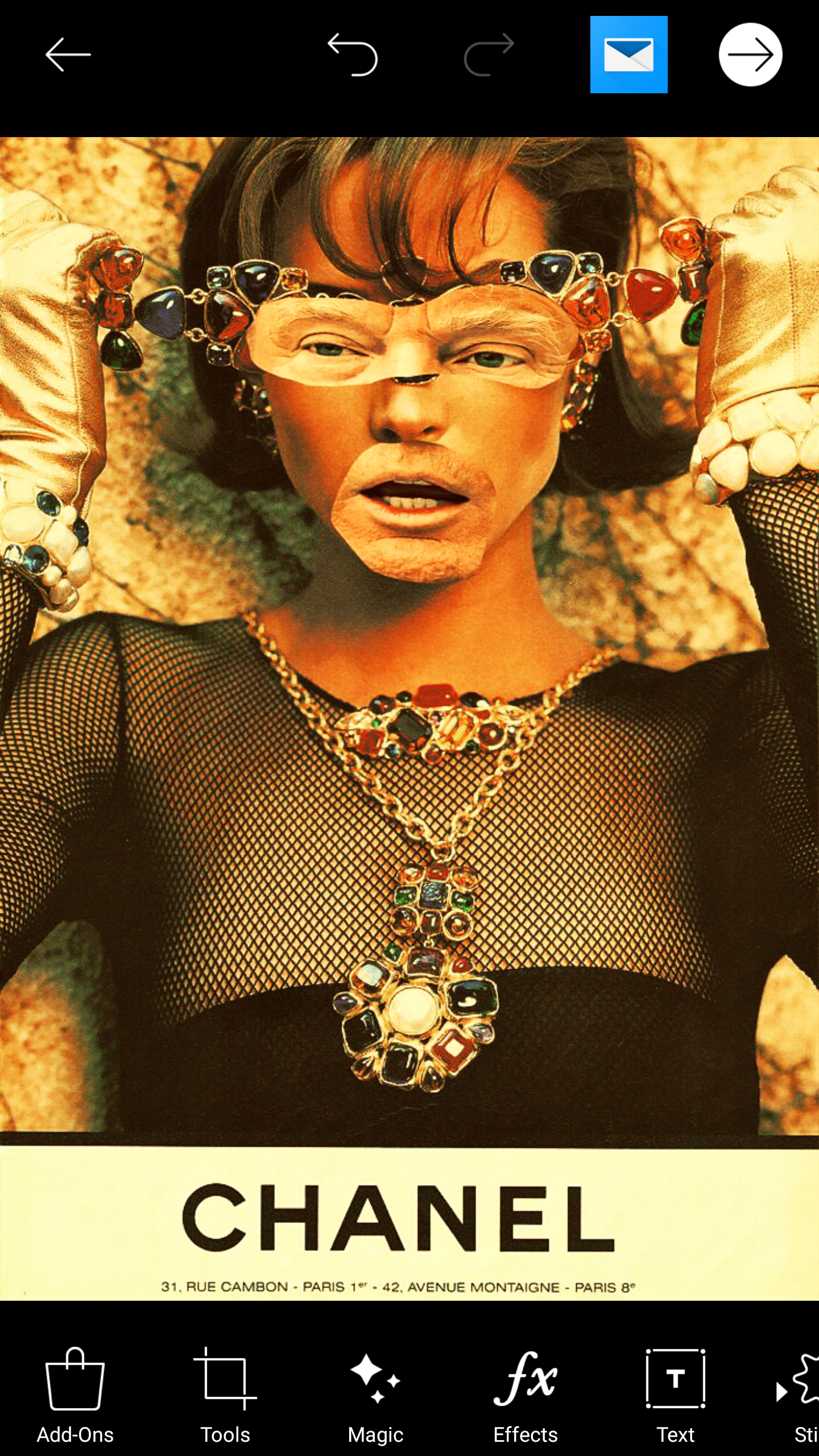 A person with dark hair wearing jewelry and fishnet clothing, holding a bejeweled accessory over their eyes. The background has a textured, golden appearance, and there is a "Chanel" magazine at the bottom.