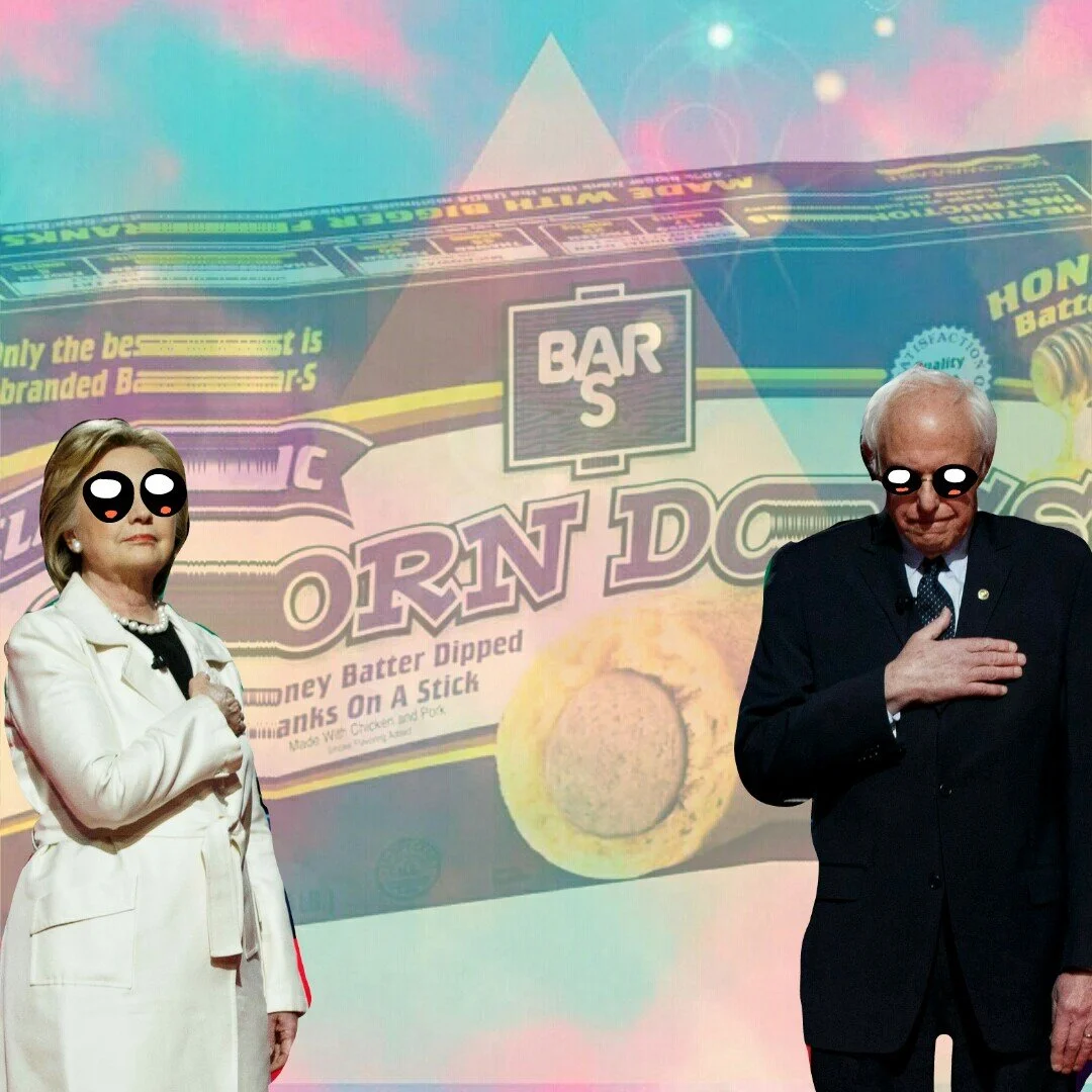 Two people, Hillary Clinton and Bernie Sanders, standing in front of a large background image of Fig Newton cookies with cartoon-like eyes added to their faces.
