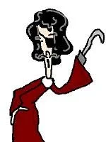A cartoon woman with black, curly hair wearing a red top, holding a high-heeled shoe.
