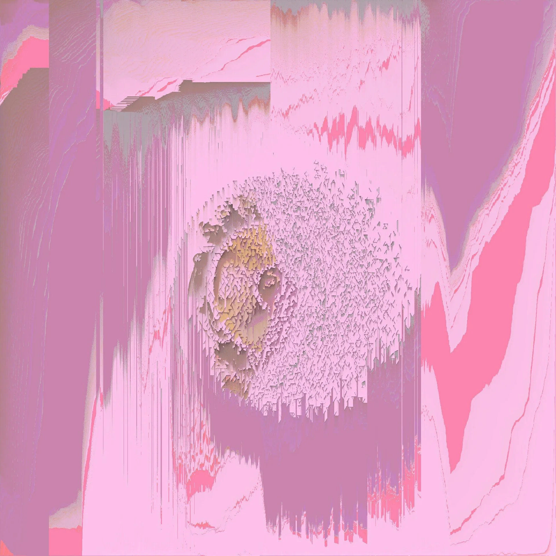 An abstract digital artwork with various shades of pink, purple, and beige, featuring streaks, patterns, and textures with some areas appearing pixelated or distorted.