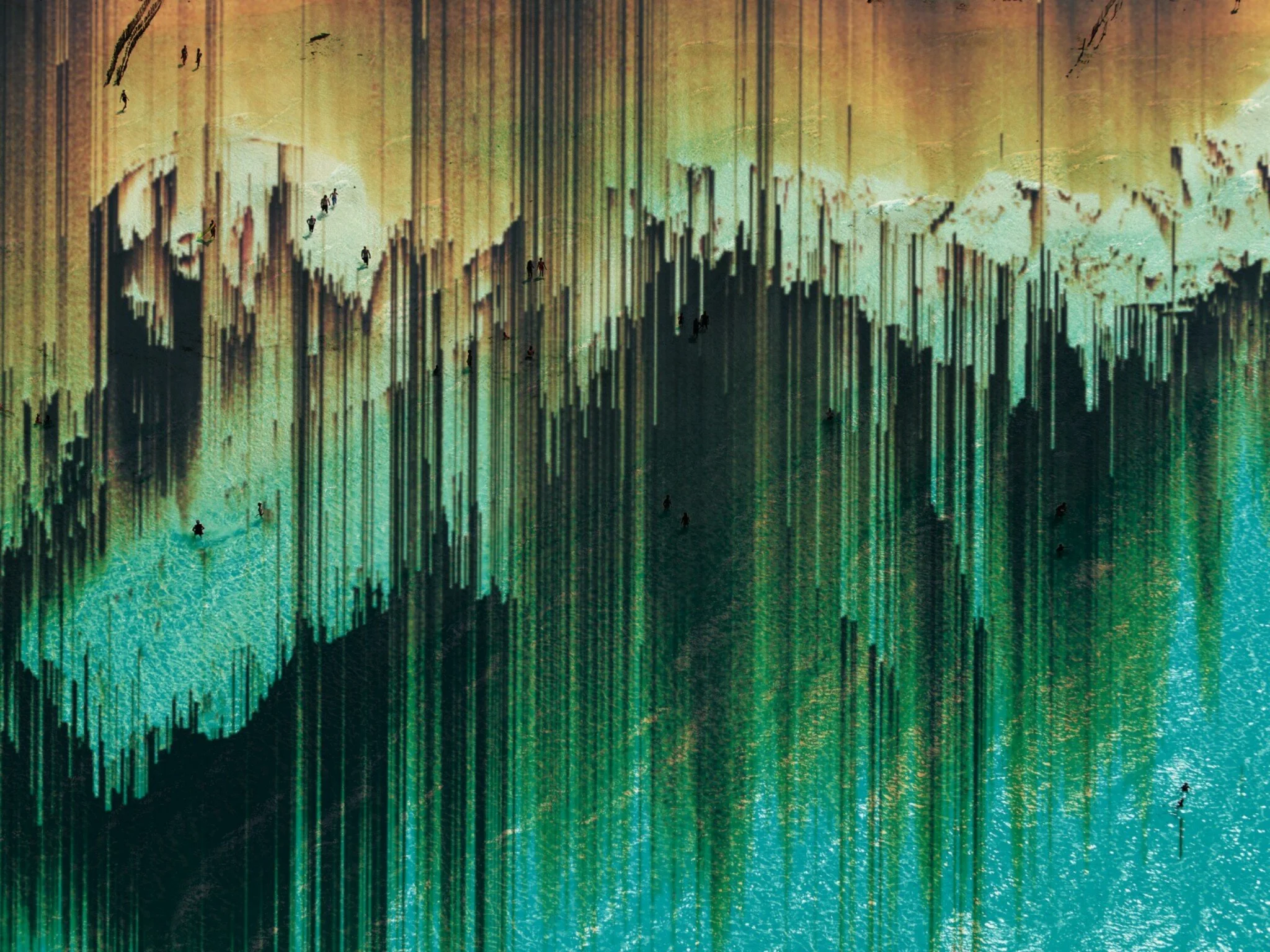 Abstract digital art with vertical pixelated lines in shades of green, yellow, orange, brown, and black, resembling a mountainous landscape with small black silhouettes of people walking among the peaks.
