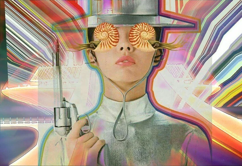 A woman with a futuristic, artistic appearance, holding a gun in her left hand. She wears goggles with swirling orange and white seashell designs covering her eyes. The background is a colorful, abstract digital art scene with vibrant lines and light