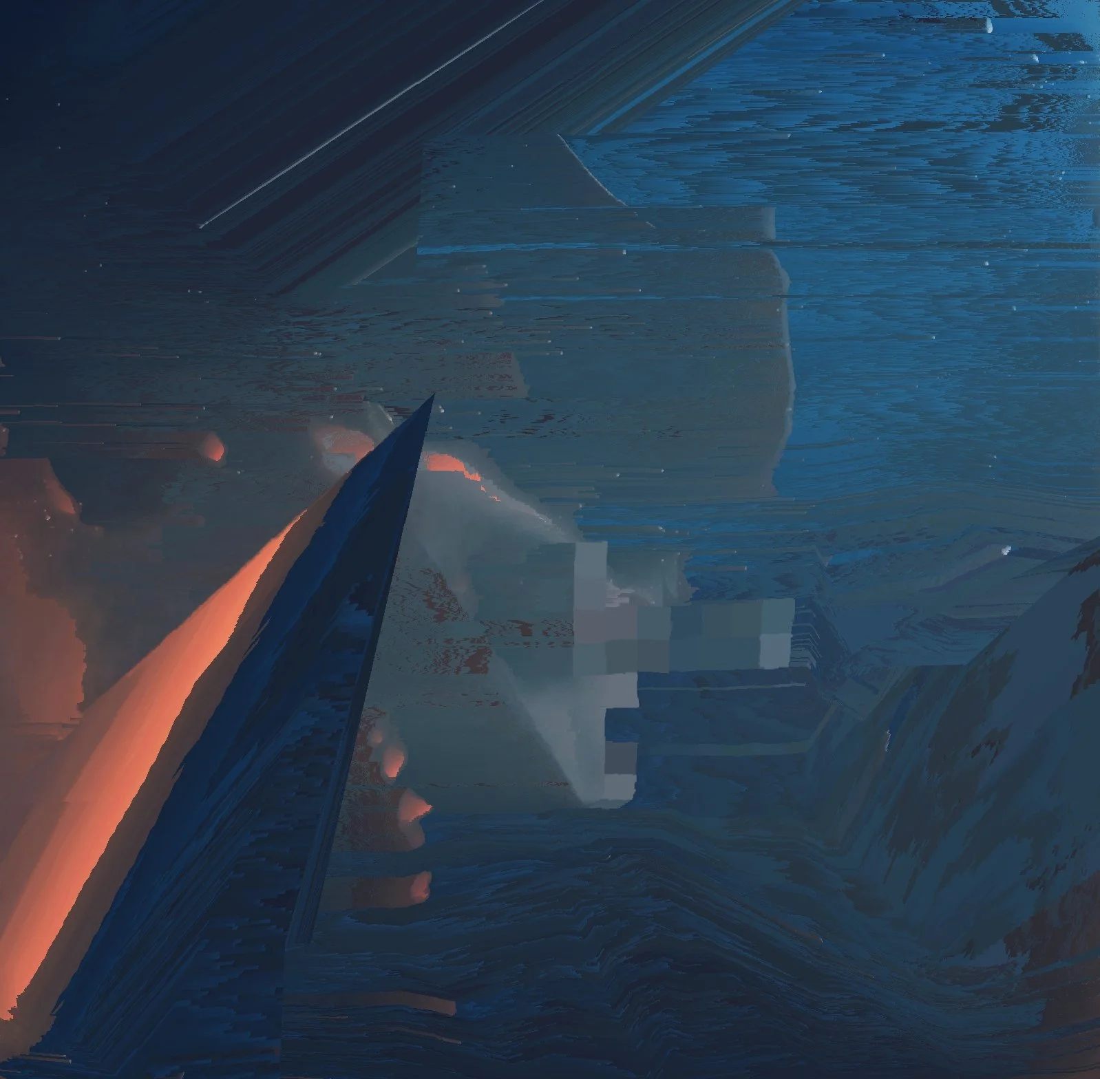 Abstract digital art with blue and orange streaks and geometric patterns.