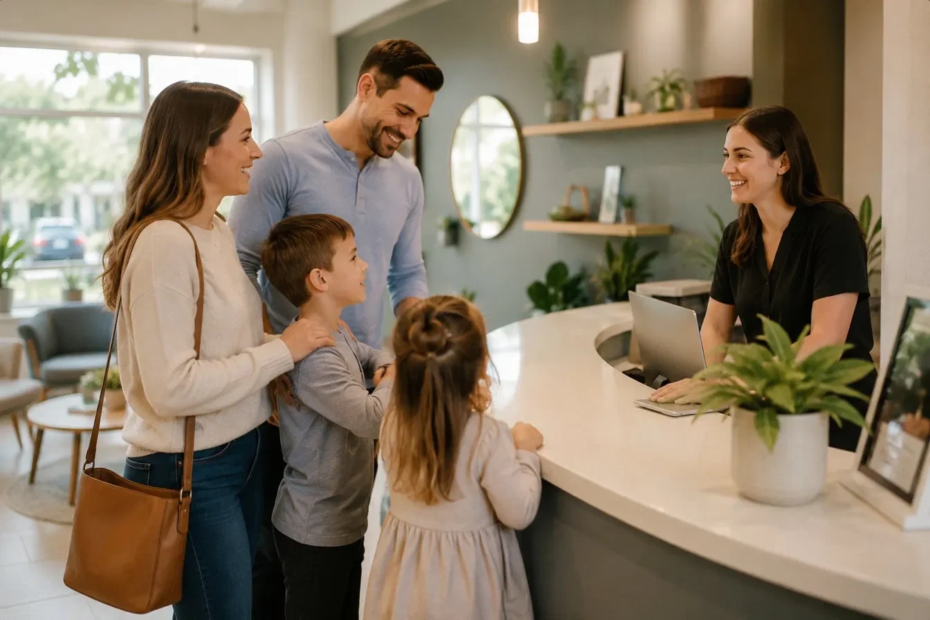 A family of four standing at a reception counter, smiling and talking to a receptionist behind the counter in a modern, well-lit lobby.