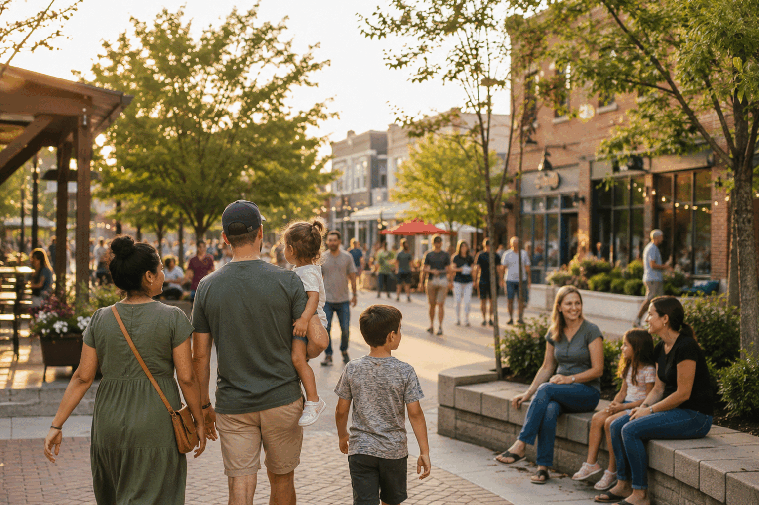 People walking and sitting in a lively outdoor shopping street during sunset, with trees, shops, and storefronts in the background.