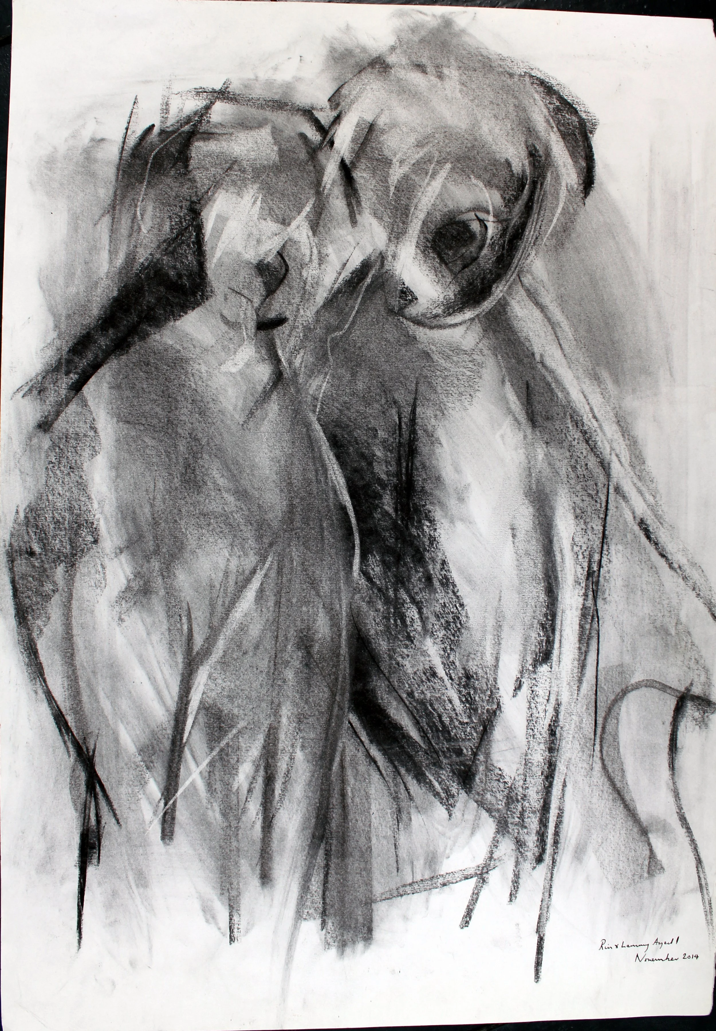 A black and white charcoal drawing of a woman with long hair, bending over with her head facing down, surrounded by tall grass or plants. The drawing has expressive, loose strokes, and there is a signature in the bottom right corner that reads 'Rin x