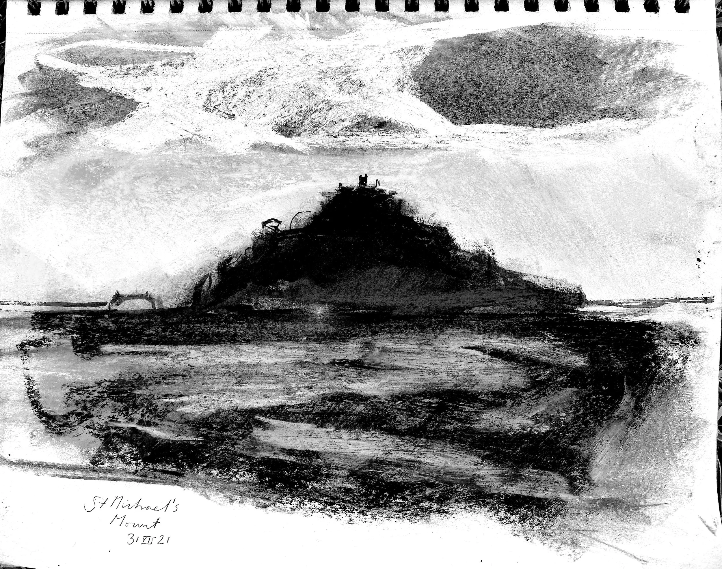 A black and white sketch of Mount Michmash, showing a mountain landscape with a hilltop and some structures, along with a handwritten note at the bottom that reads "Mount Michmash 3/17/21."