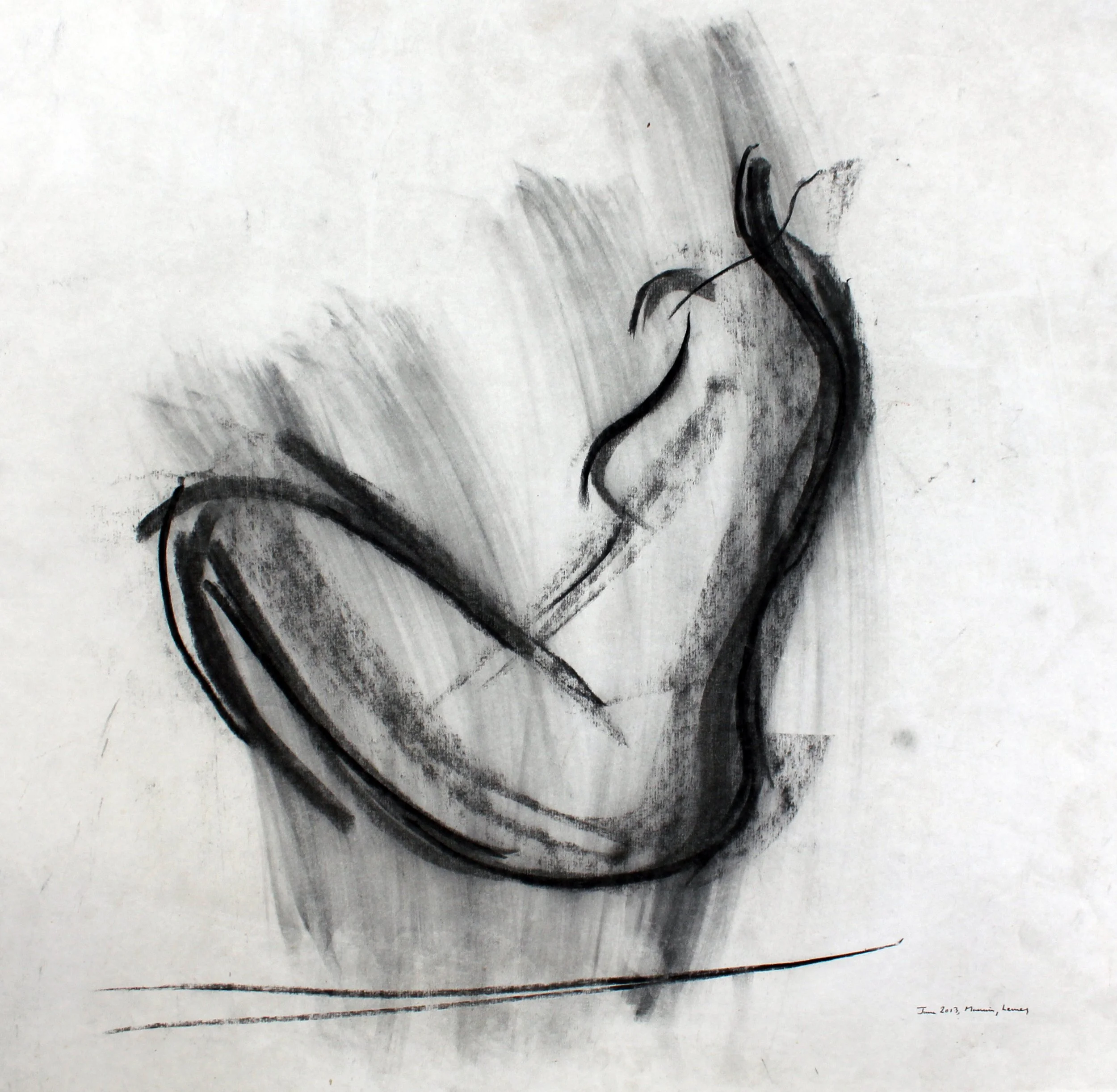 Black ink drawing of a simple dog with prominent ears, a long snout, and a curled tail, red signature or note at the bottom right corner.