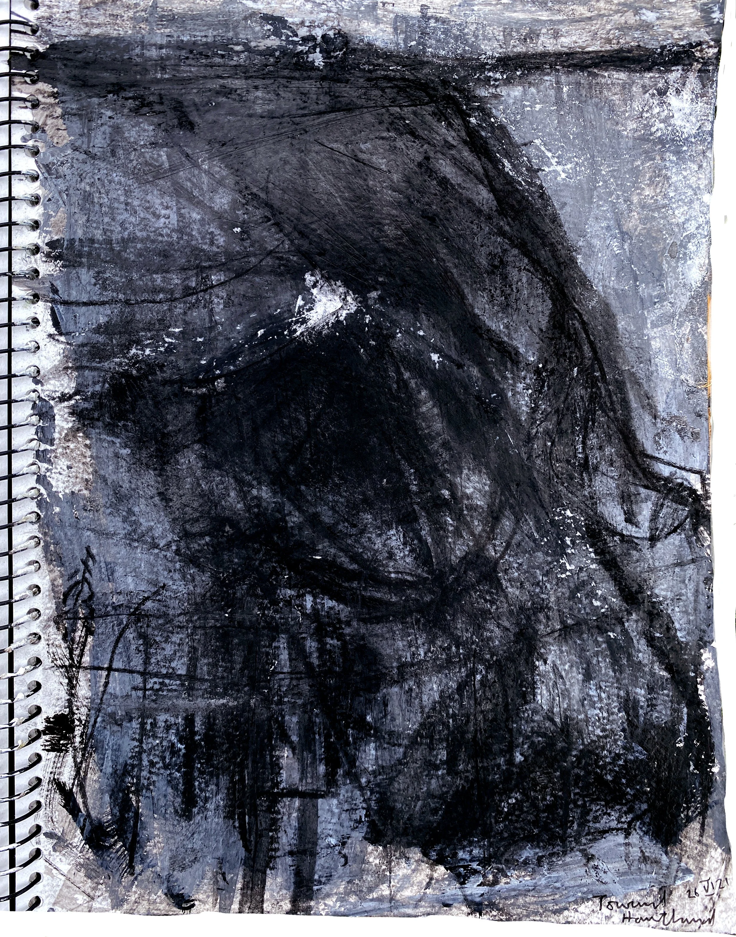 Abstract painting with dark black, gray, and white strokes, resembling a textured landscape or chaotic scene with scribbled handwriting in the bottom right corner.