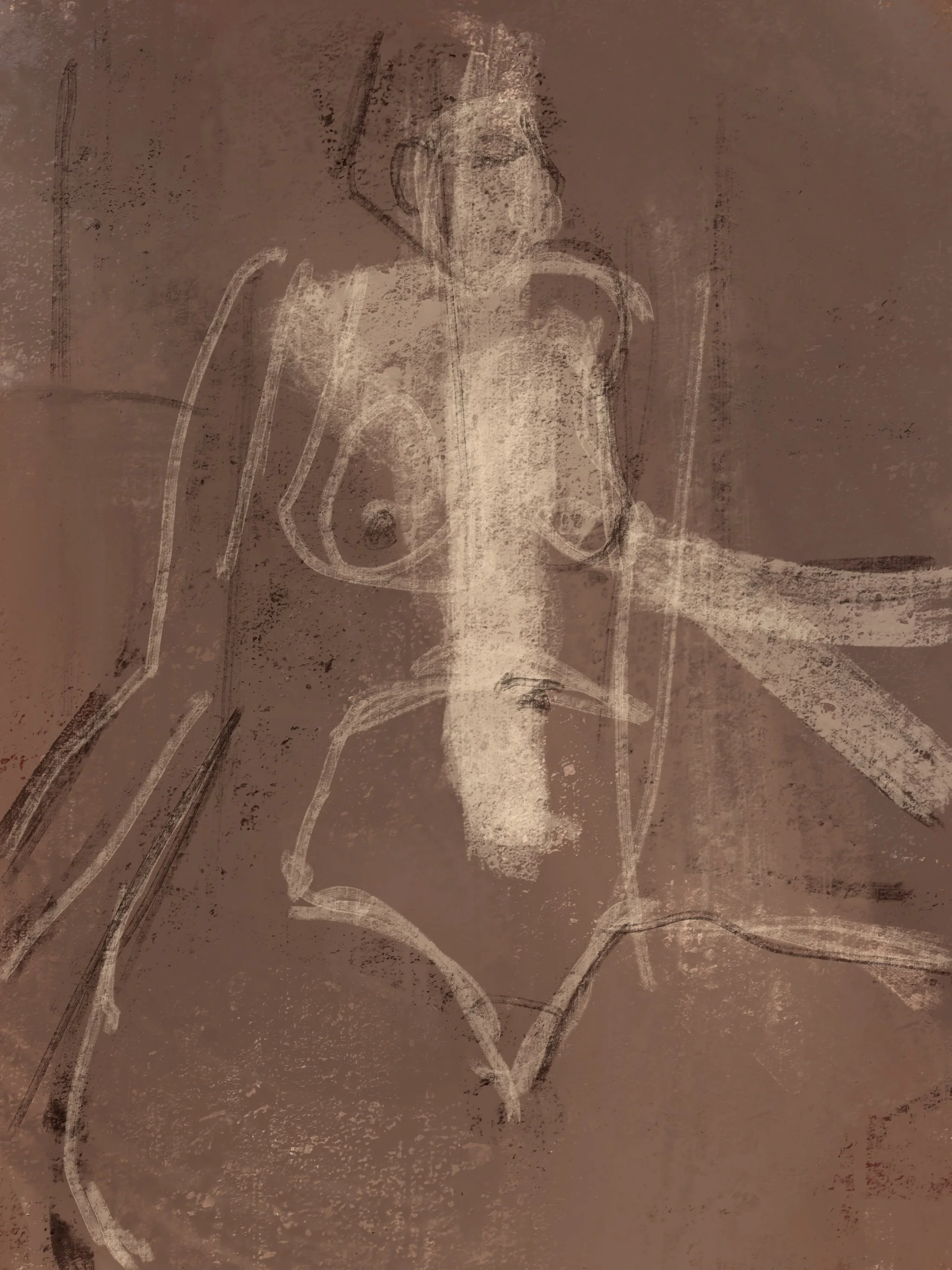 A chalk drawing of a baby deer on a brown surface.