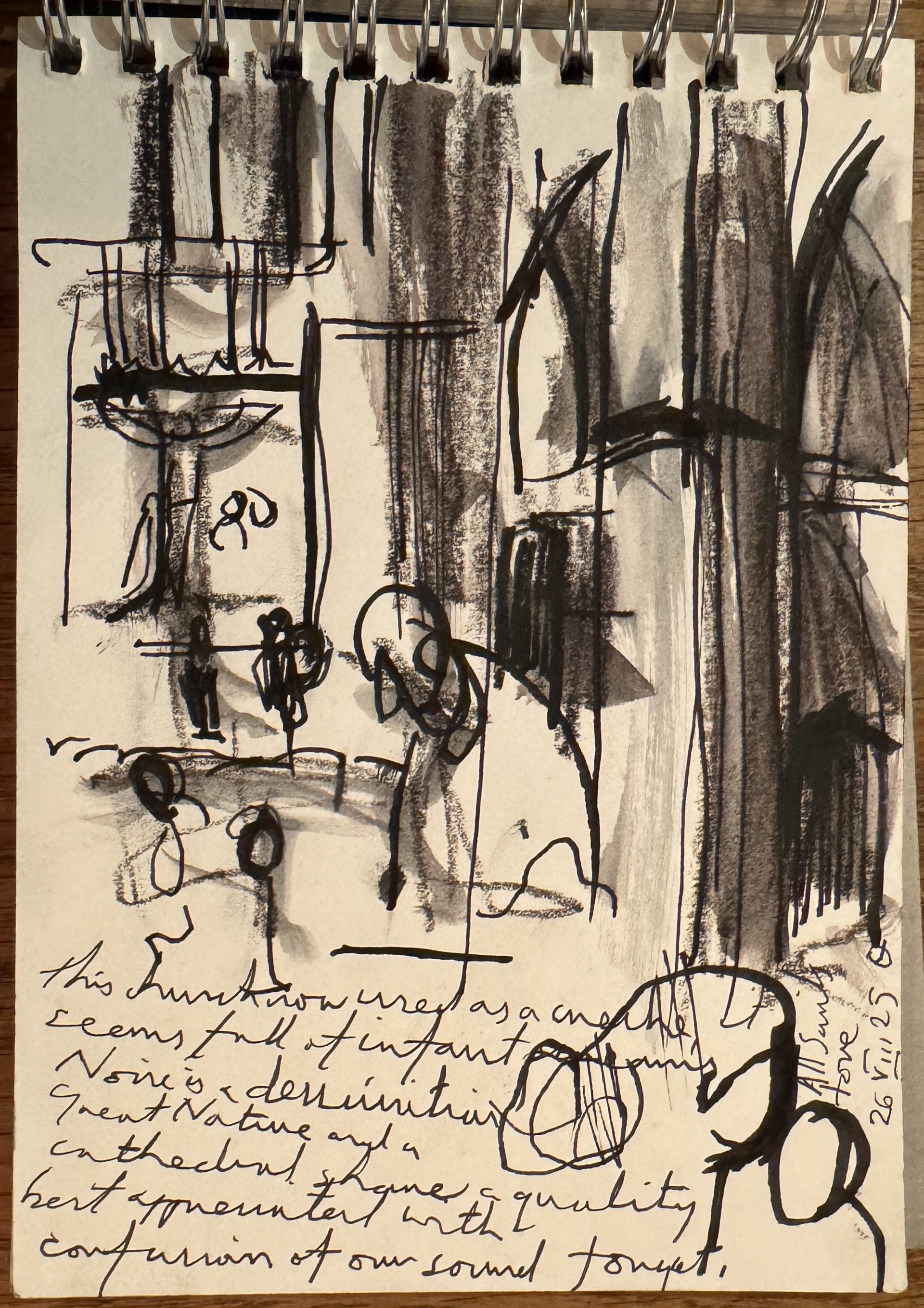 A page of handwritten notes with a mix of ink sketches and cursive writing. The sketches include abstract shapes, lines, and some circular forms. The writing is in black ink, covering the lower part of the page, with some words and sentences partiall