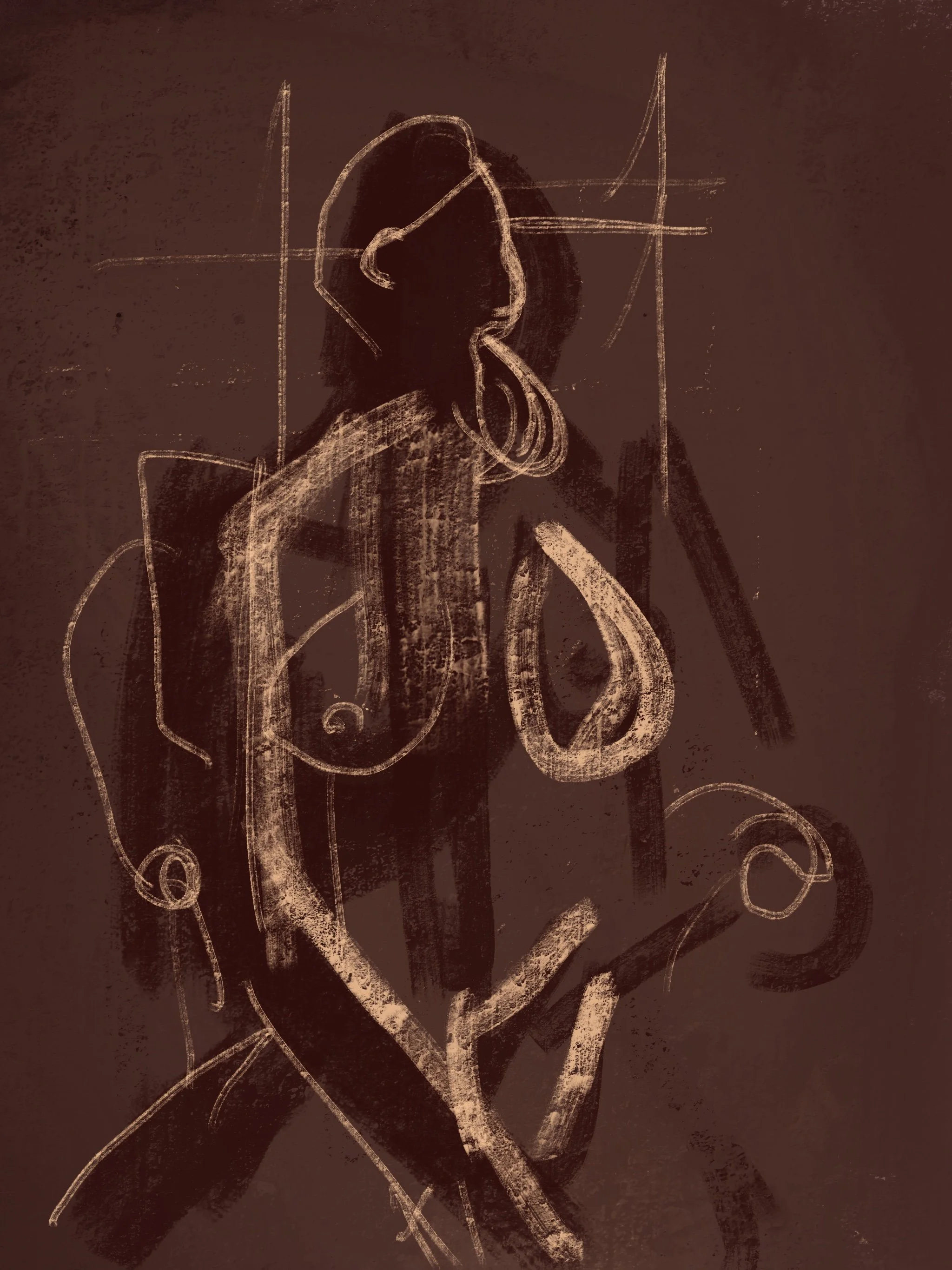 Abstract chalk drawing of a woman with headphones on. The image is created on a dark background with light-colored chalk lines.