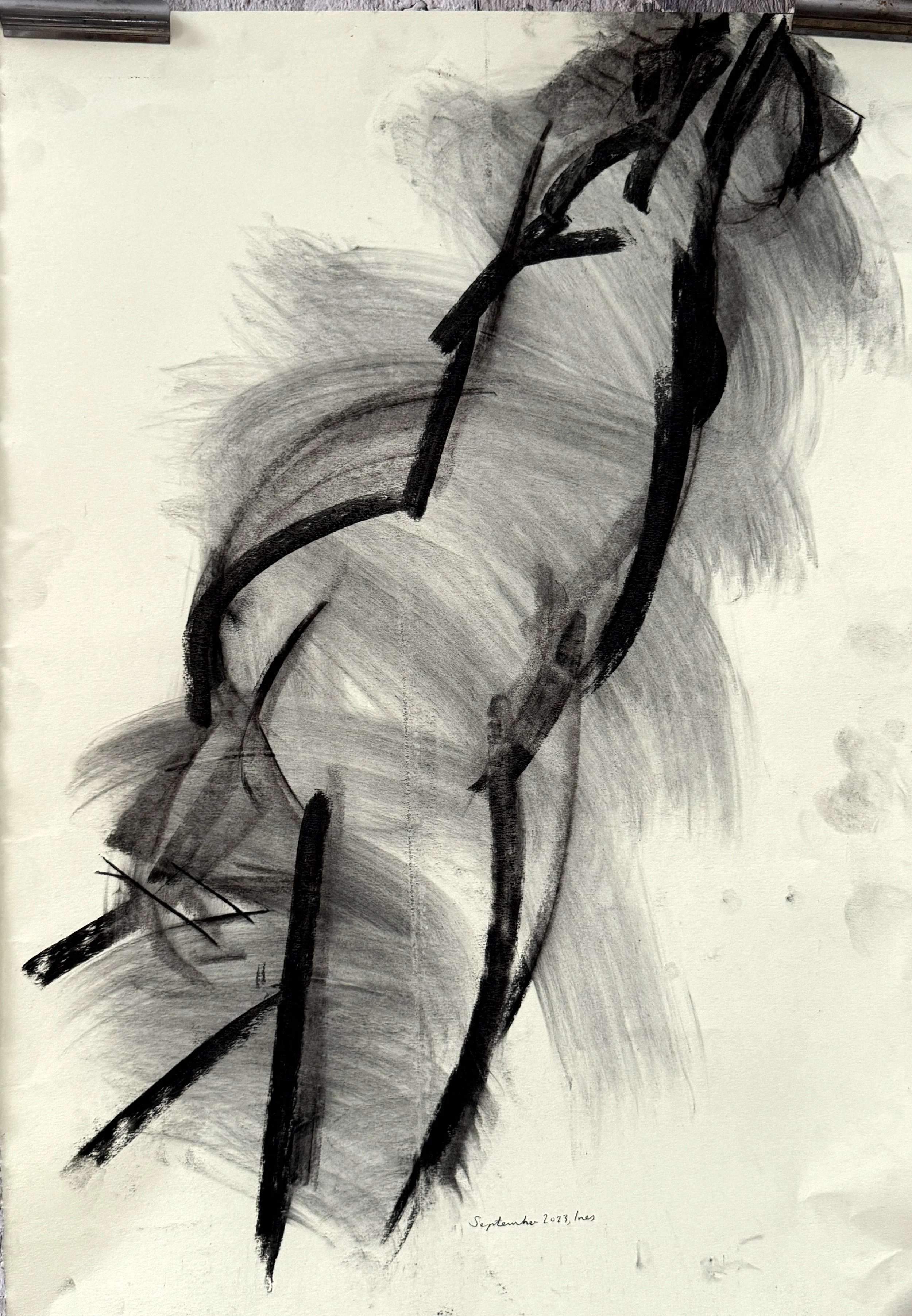 A black and white abstract charcoal drawing of a human eye, with expressive brushstrokes and shading.