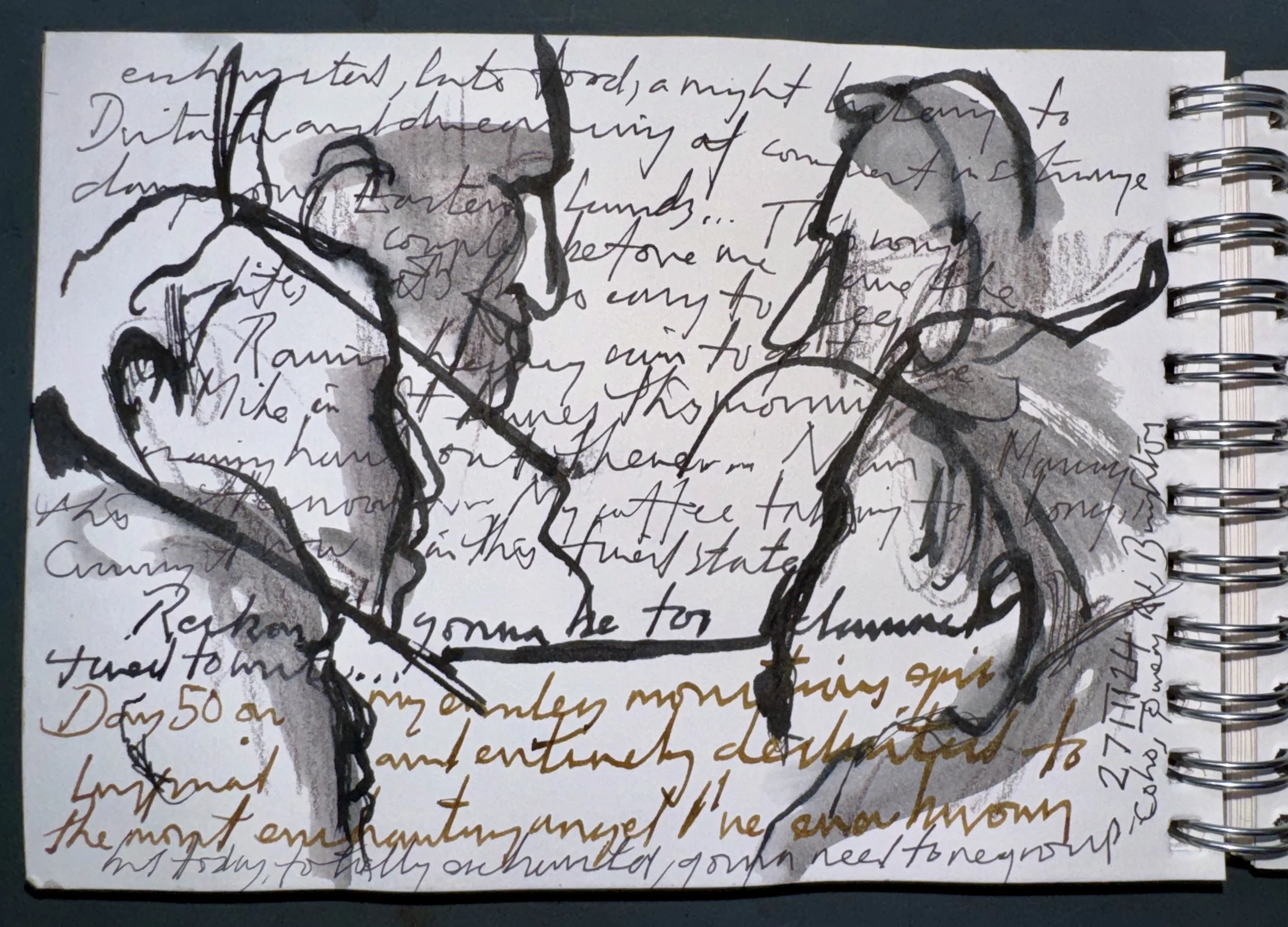 A spiral notebook page with handwritten cursive text in black ink. There is a drawing of a person in profile view, with some abstract black ink strokes.
