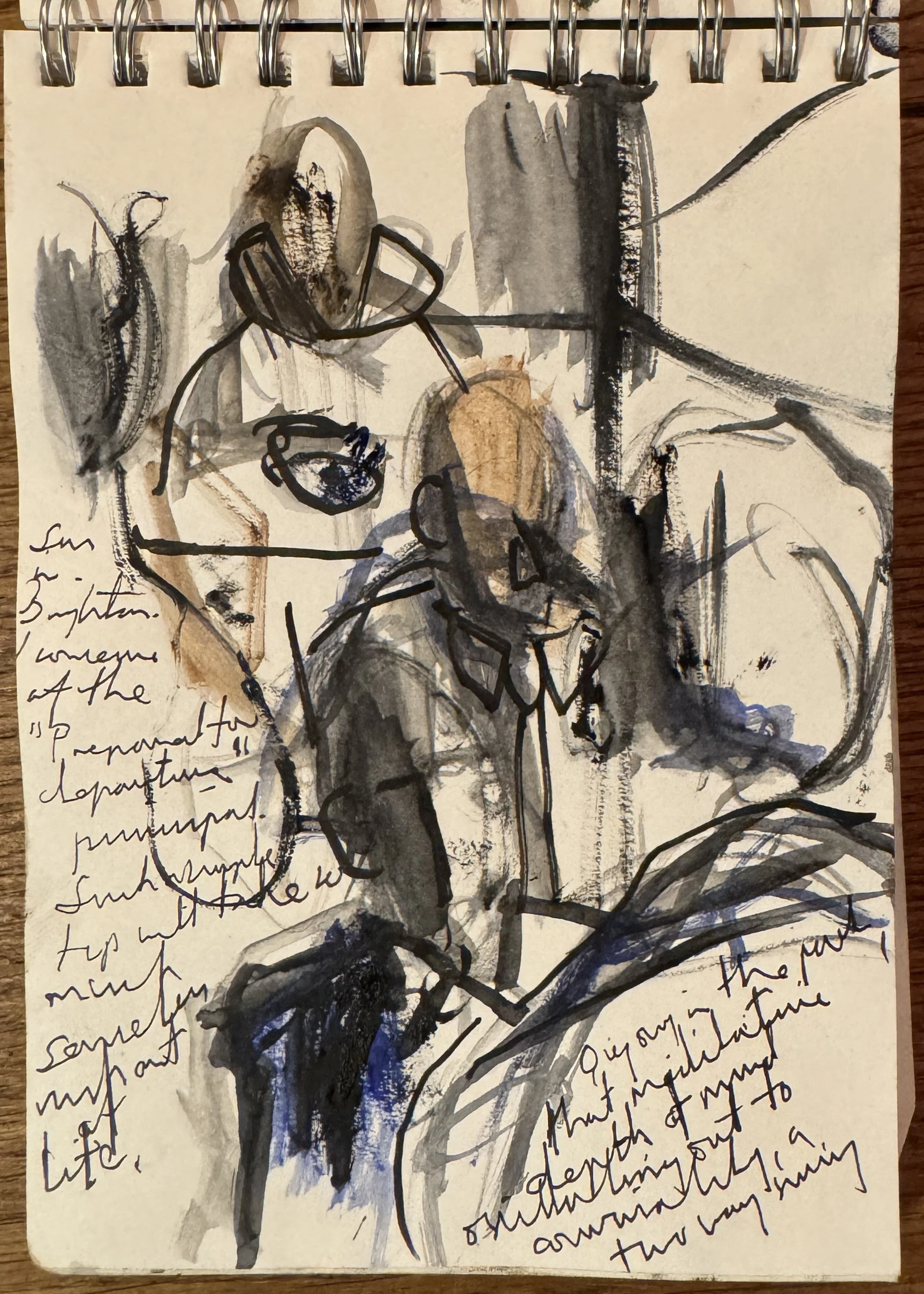 A mixed media artwork combining watercolor and ink, featuring a tree with dark, expressive branches and a single bird perched on it. Handwritten text is visible on the left and right sides of the artwork, blending into the illustration.