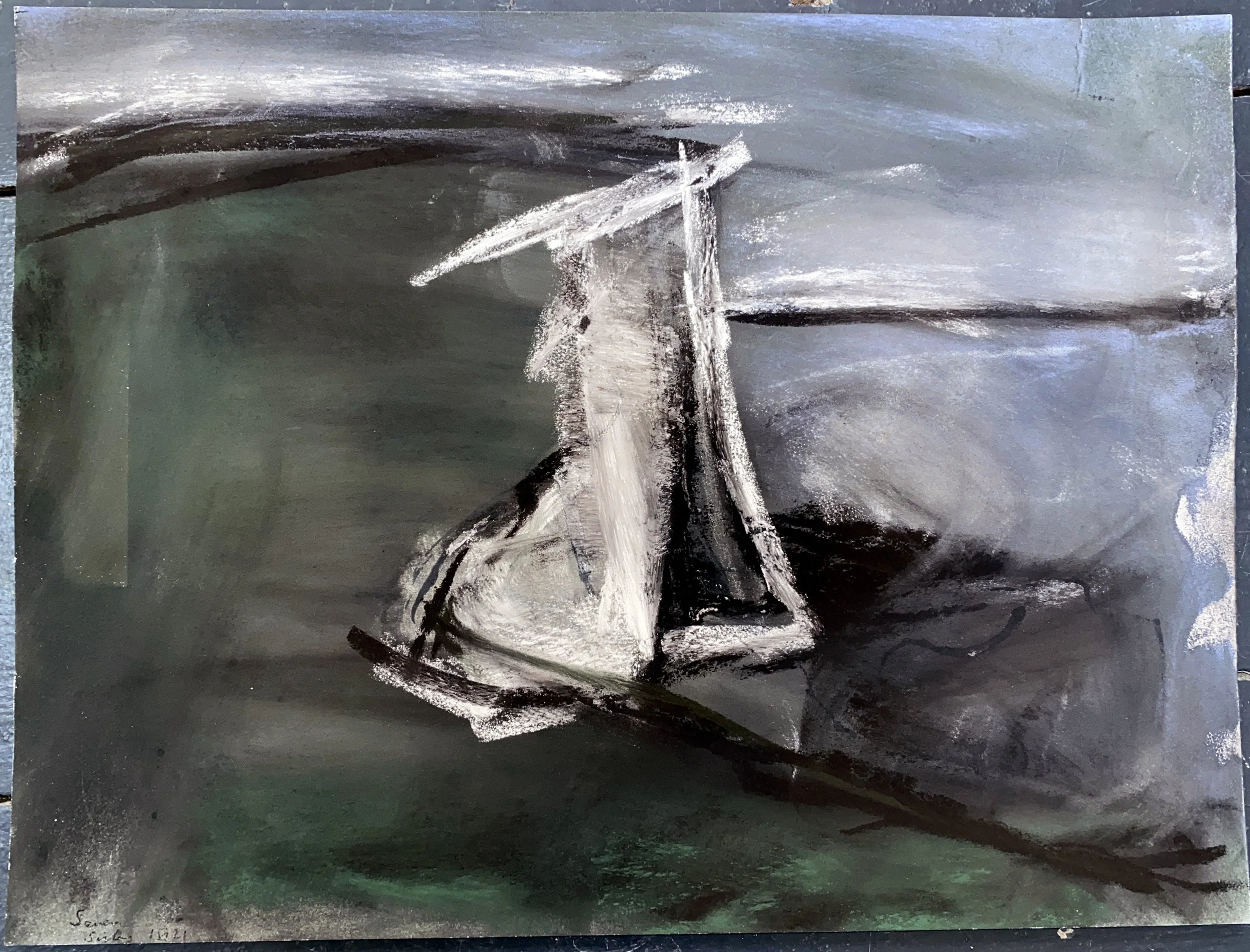 Abstract landscape painting in shades of gray, black, and white with a hint of green near the bottom.