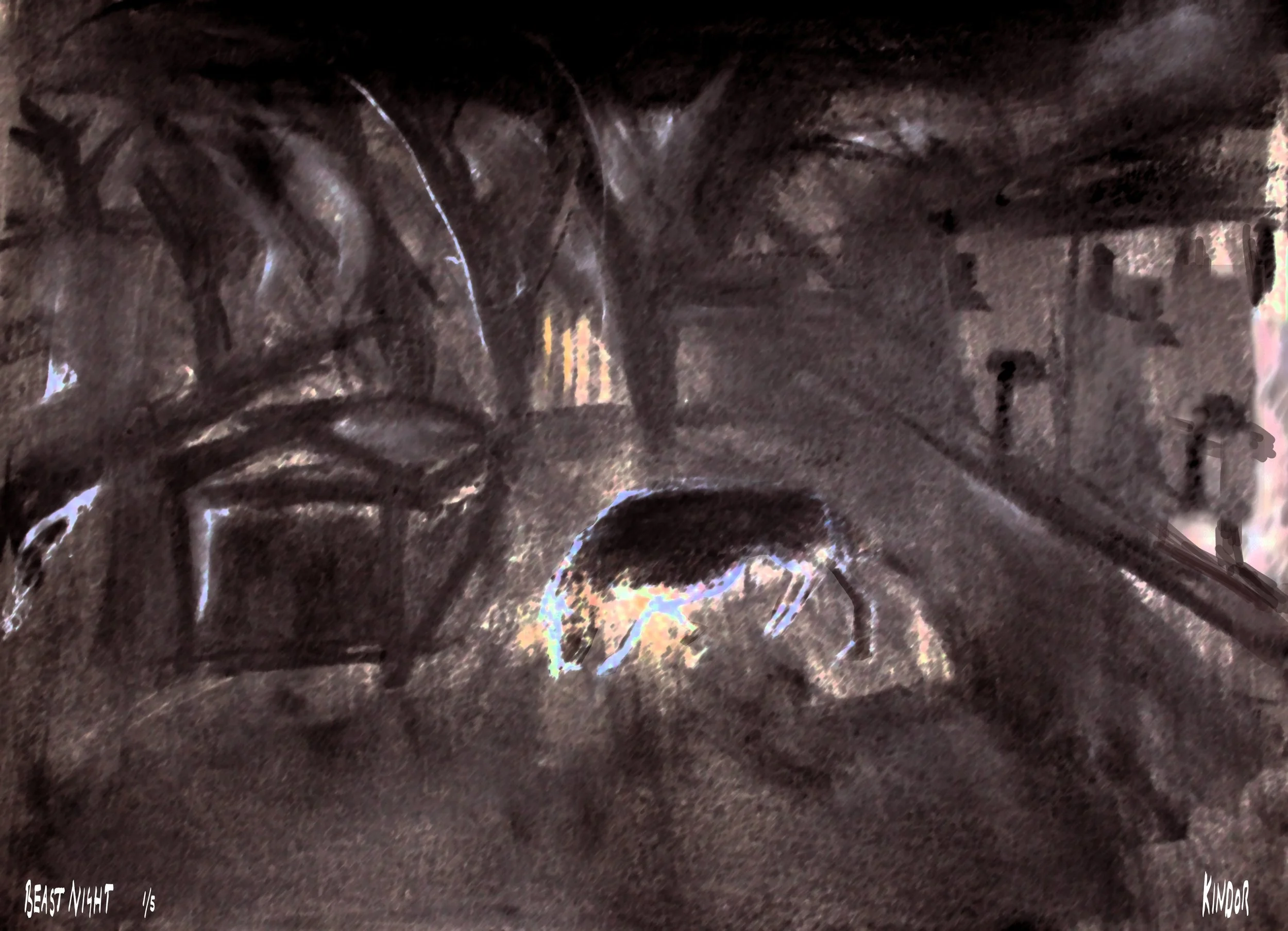 Close-up of a dark, textured tree branch with spoon-shaped leaves, partly illuminated in low light.