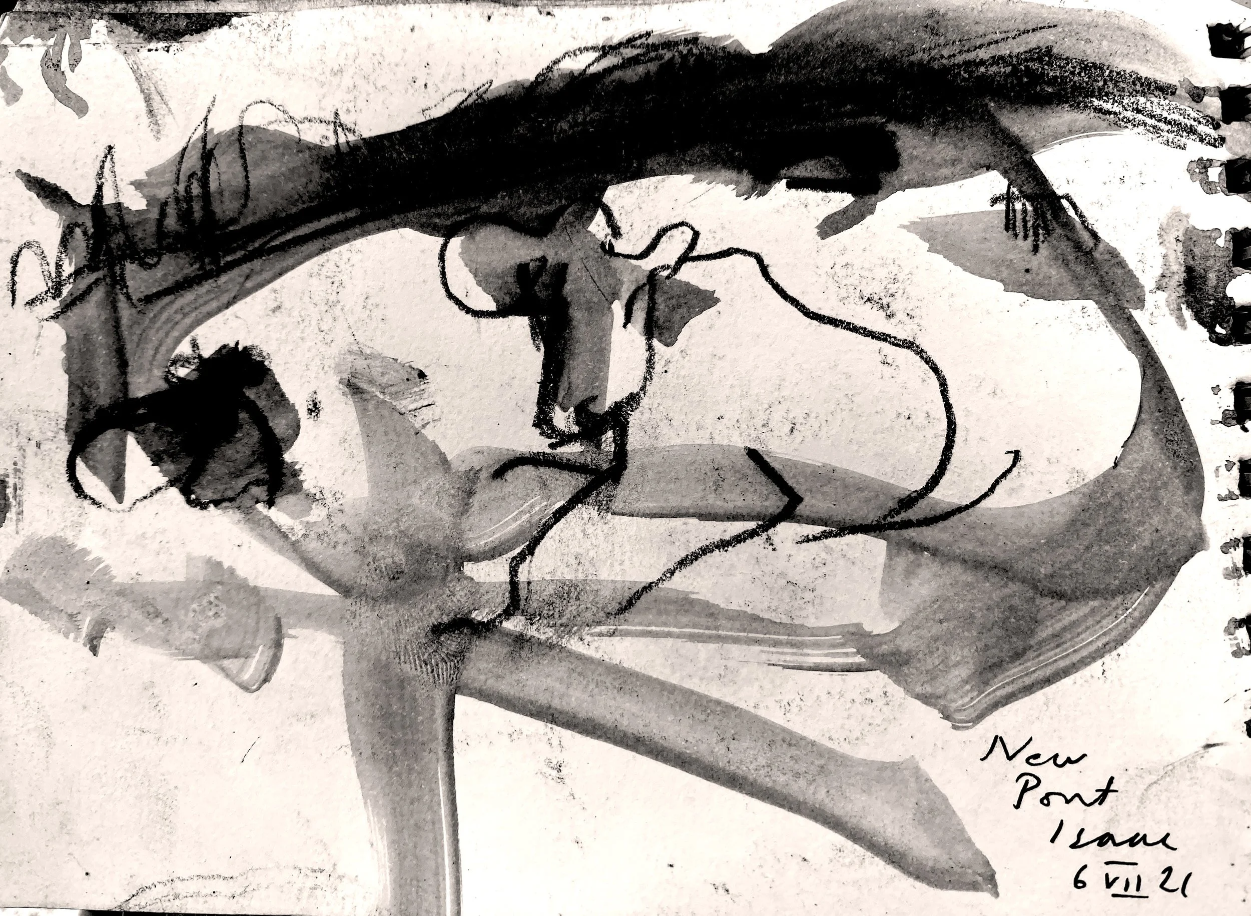 A black and white ink drawing of a horse's head and neck. The drawing has expressive, bold brushstrokes with abstract details. There is some handwritten text in the lower right corner that reads 'New Point, 6 VII 21'.