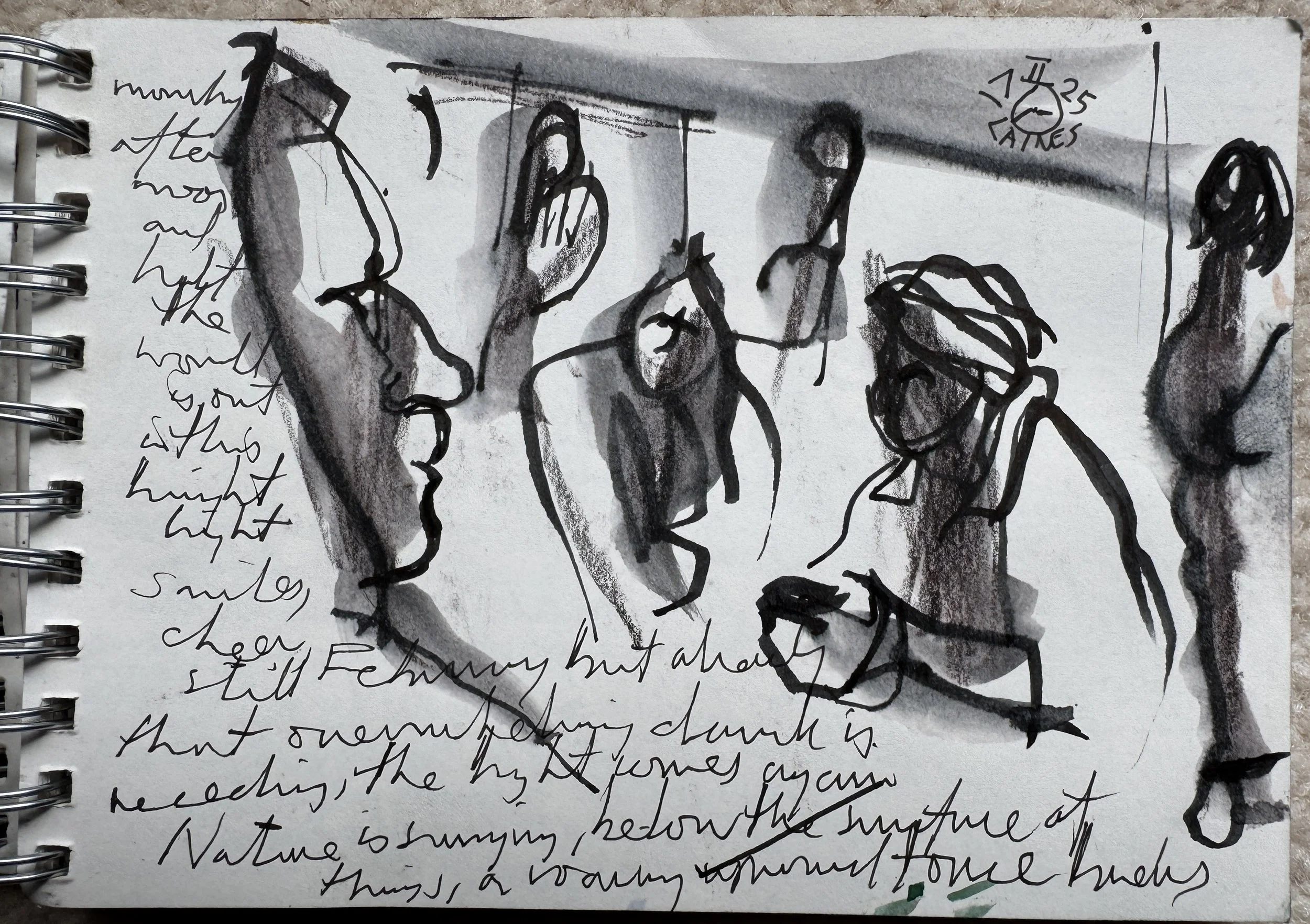 Sketch of several human hands in black ink, with handwritten notes and text in the background.