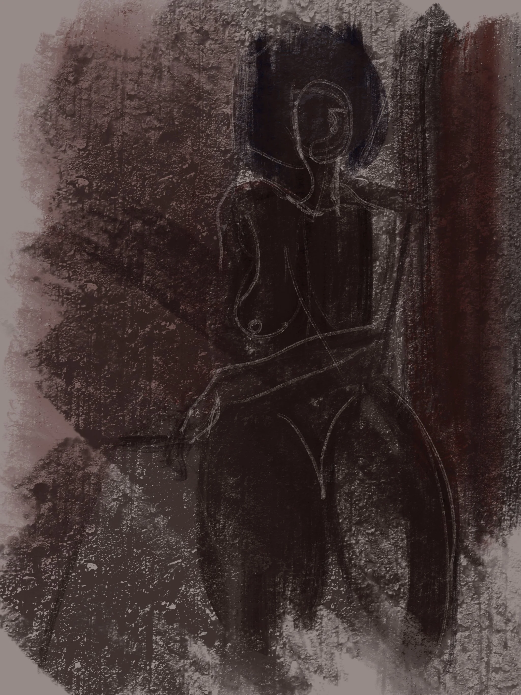 A person drawing a face with a chalk or white line on a textured wall that appears dark and moody.