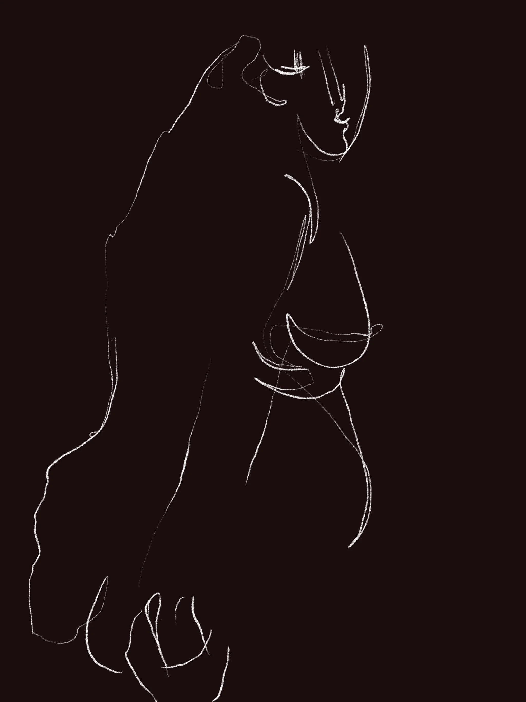 Minimalist line drawing of a woman with glasses, holding a cup, on a black background.