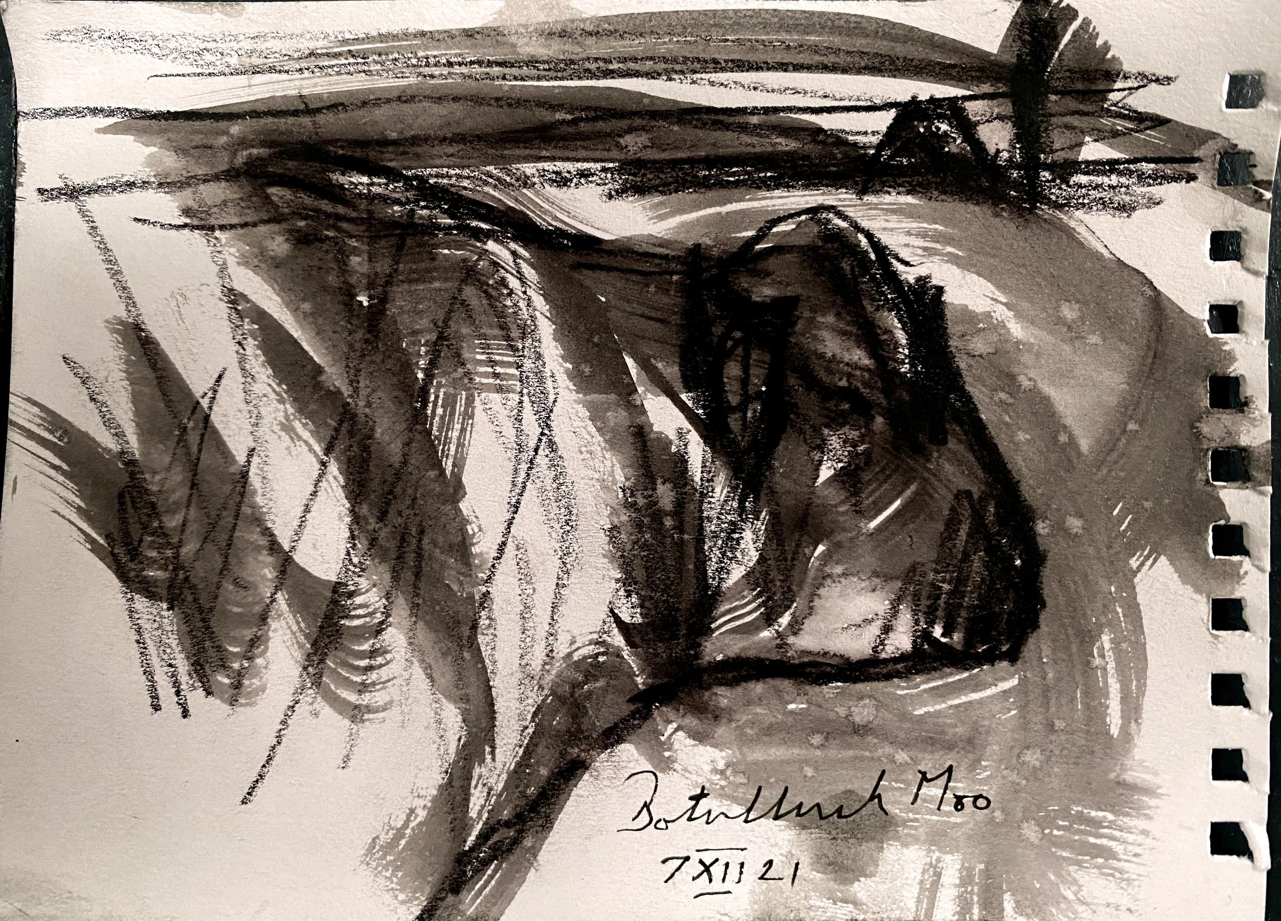 Black and gray abstract ink or charcoal drawing on paper with handwritten notes and numbers at the bottom.