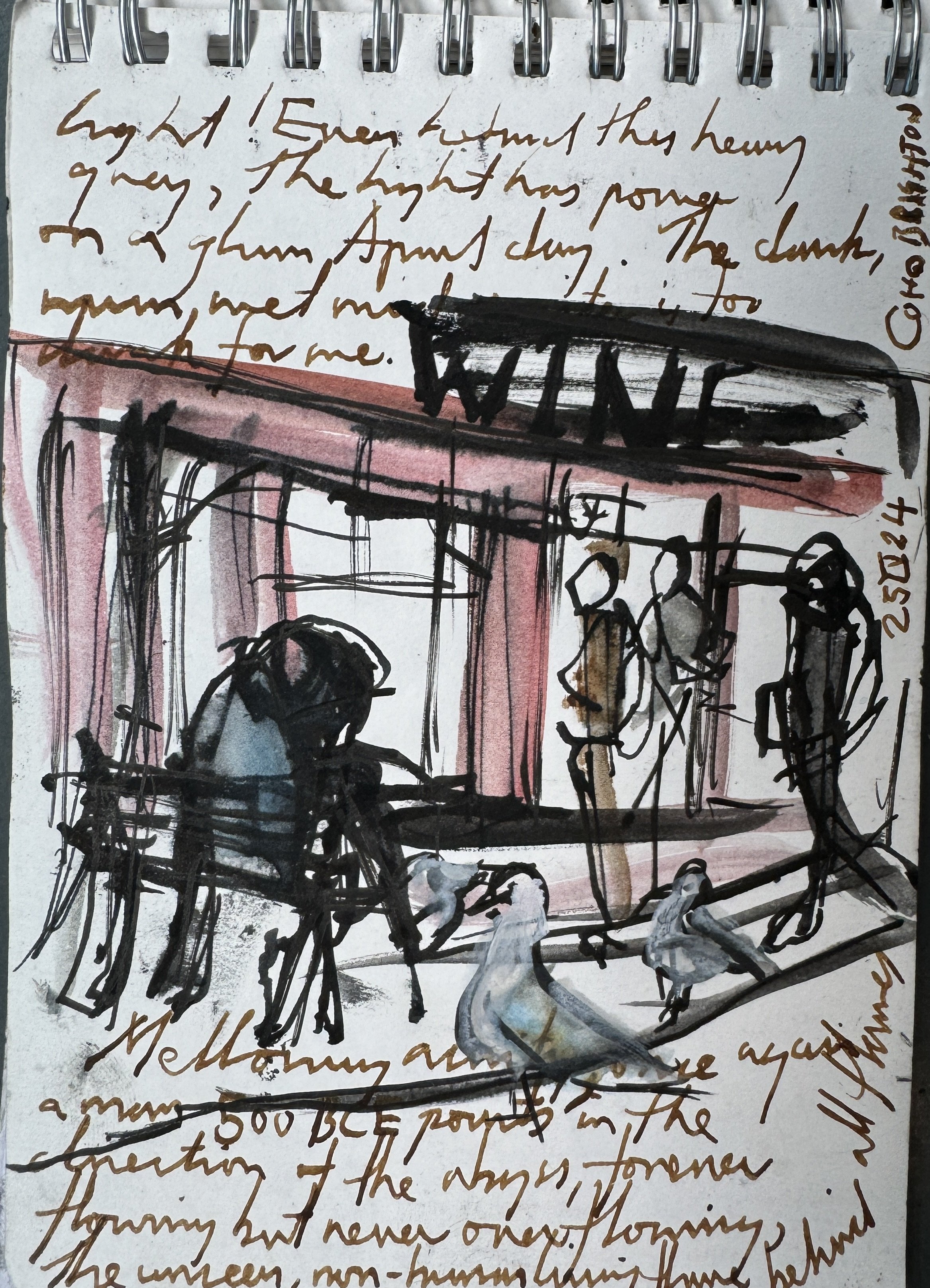 Sketch of a crowd gathering outside a store with a pink facade, black awning, and hanging lights. People are depicted in loose, black line art, with some wearing hats and coats. There are handwritten notes in brown ink above and around the scene. The