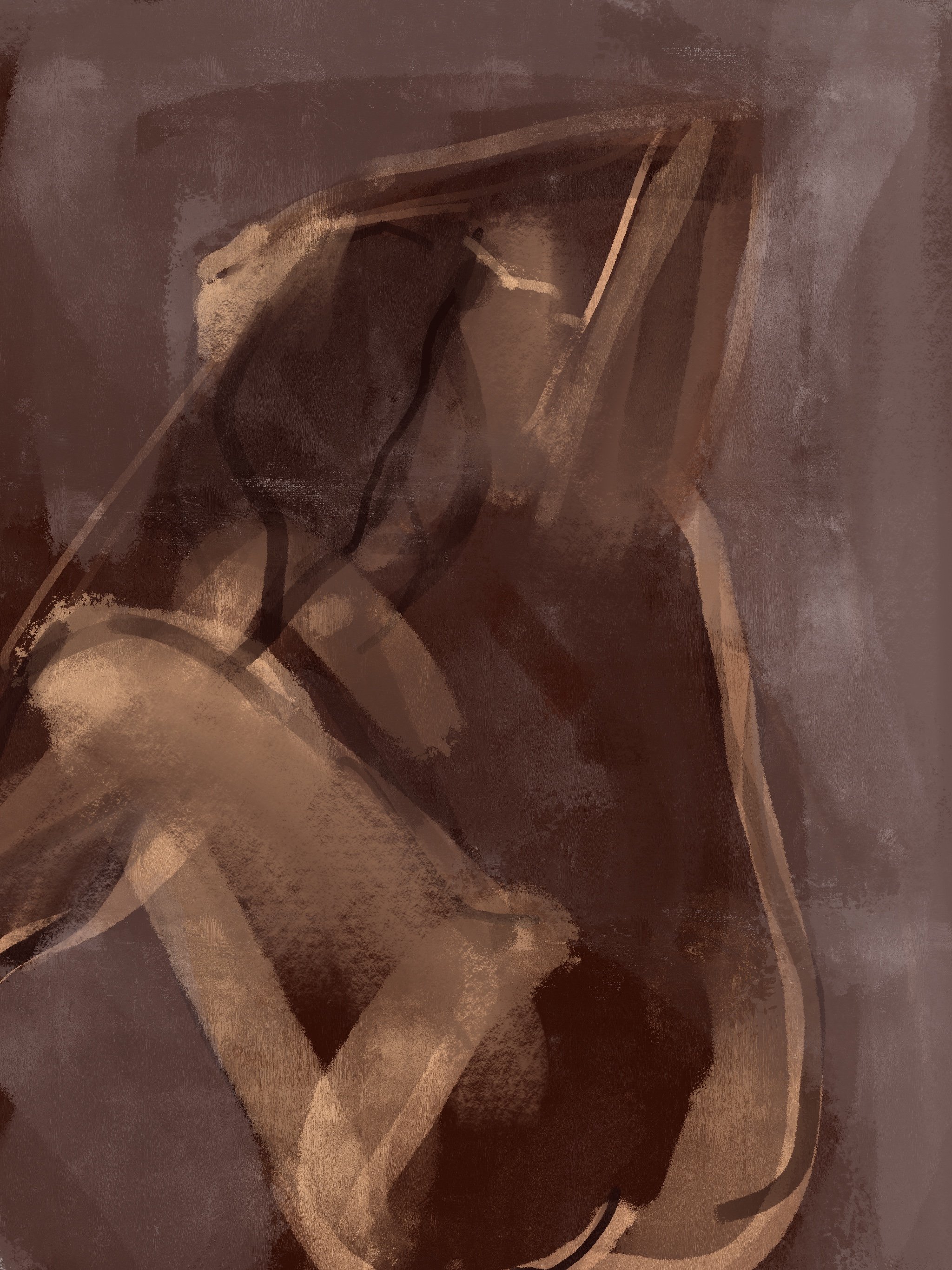 Abstract painting with dark brown and beige tones, featuring curved and flowing shapes.