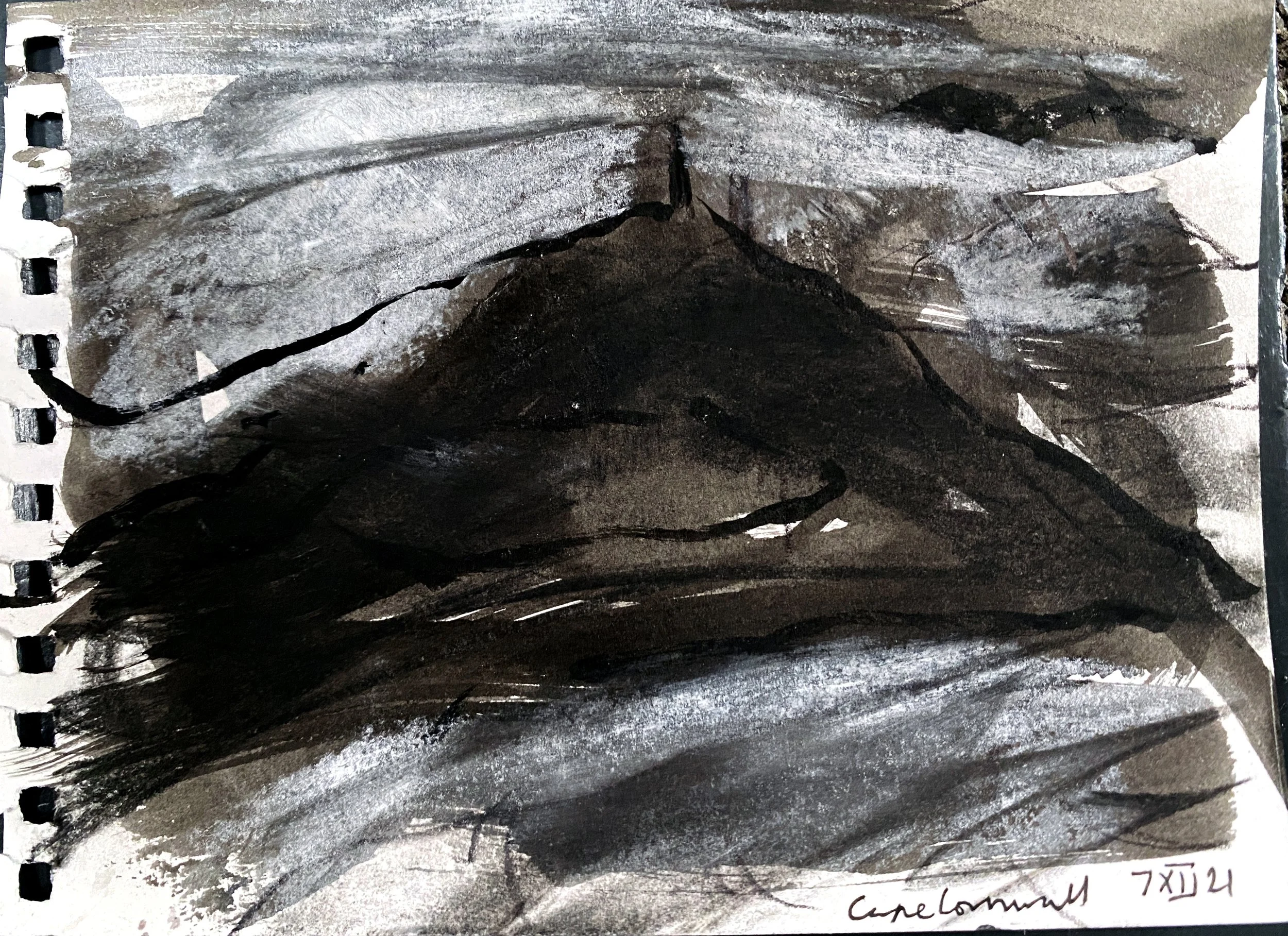A black and white drawing of mountains under a cloudy sky, with what appears to be a trail or path leading into the mountains.