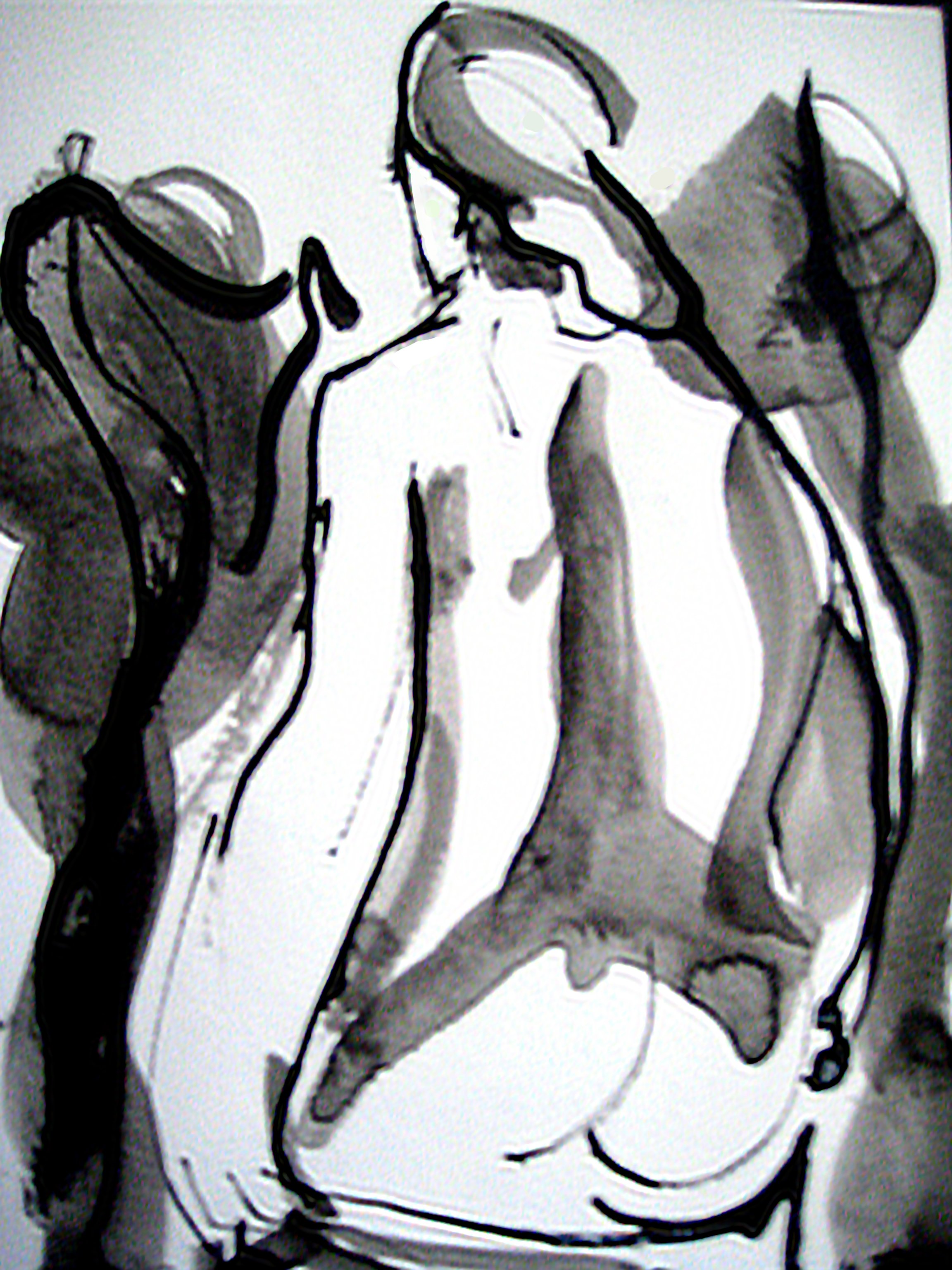 A black and white abstract drawing depicting a figure with an open mouth, wearing a hoodie, with bold outlines and shading.