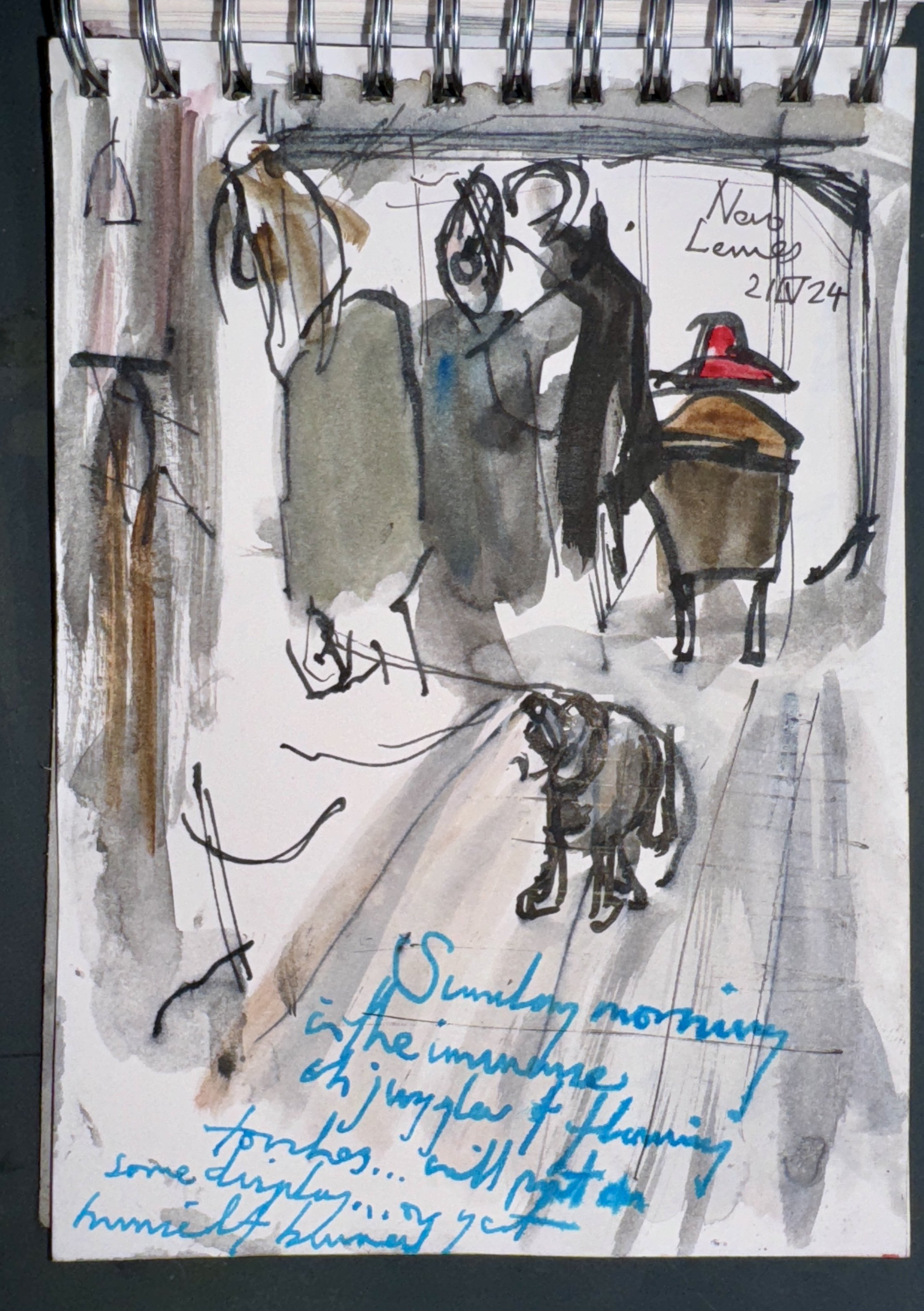 Watercolor sketch of a person writing at a desk, with various objects like a red hat, clothing, and notes around the scene, along with handwritten notes in blue ink.