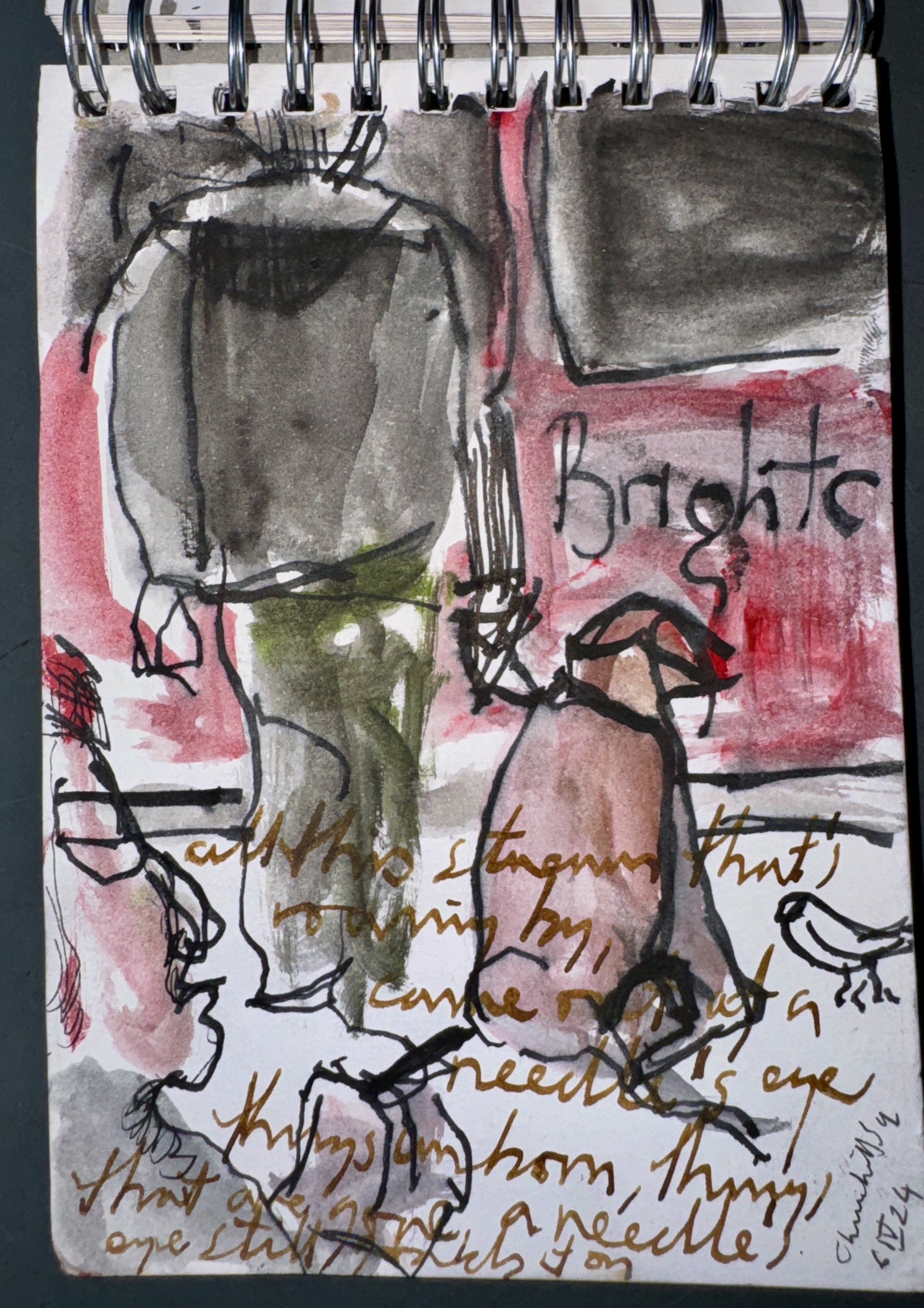 A sketch of a woman with curly hair, watercolor accents, and handwritten text overlay. The background features shades of gray, pink, and green, with the word 'Bright' visible.